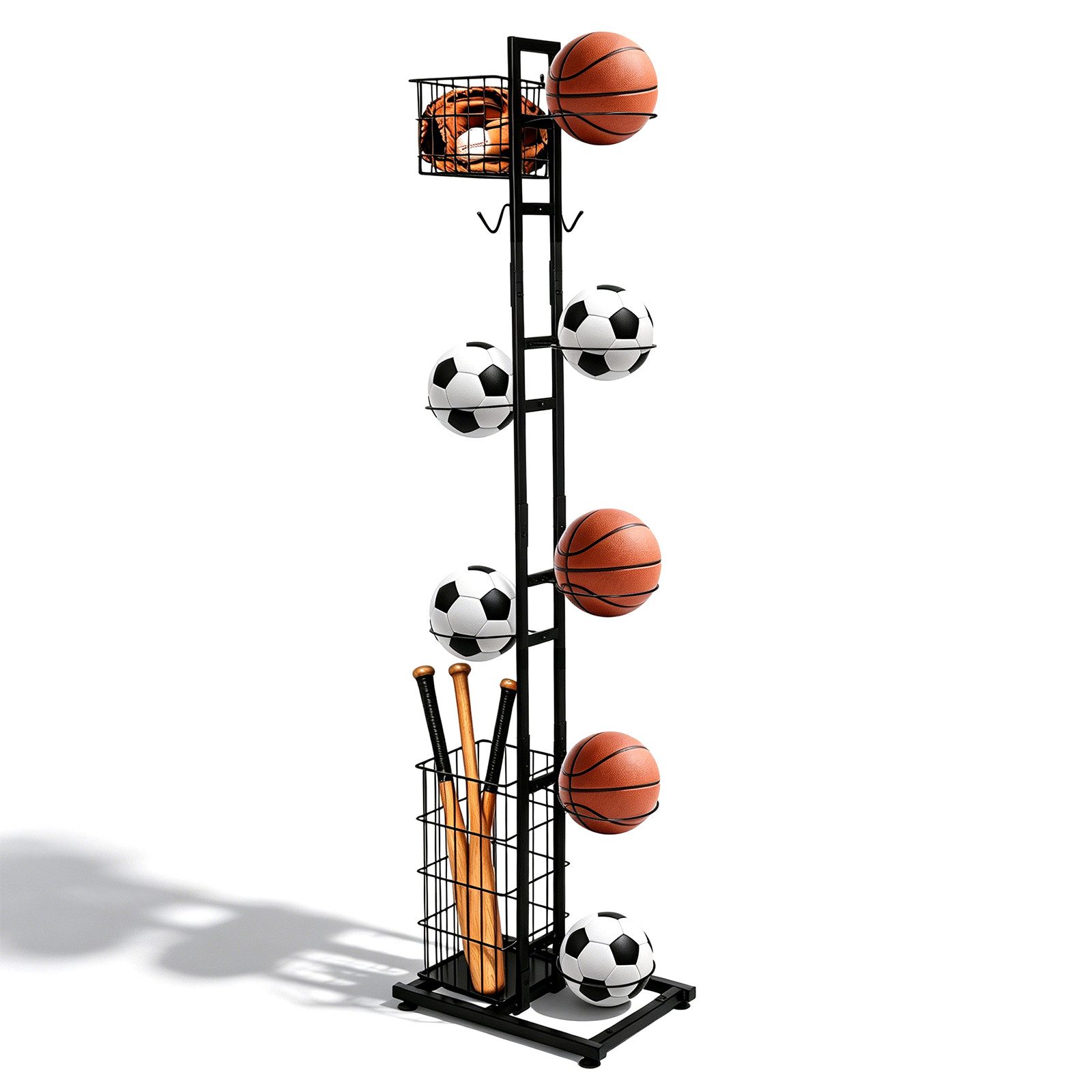 BlingBin Mehrzweckregal Ballständer 155 cm, Sportgerätehalter für 7 Bälle und Schläger, Ballaufbewahrung 1-tlg., Sportgeräte organizer, Basketball Aufbewahrungsregal, Abnehmbare