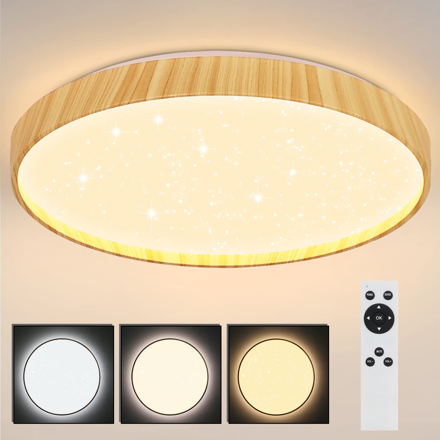 Nettlife LED Deckenleuchte Holz Deckenlampe Dimmbar mit Fernbedienung, LED fest integriert, Warmweiß, Neutralweiß, Kaltweiß, Schlafzimmer Wohnzimmer Badezimmer Arbeitszimmer