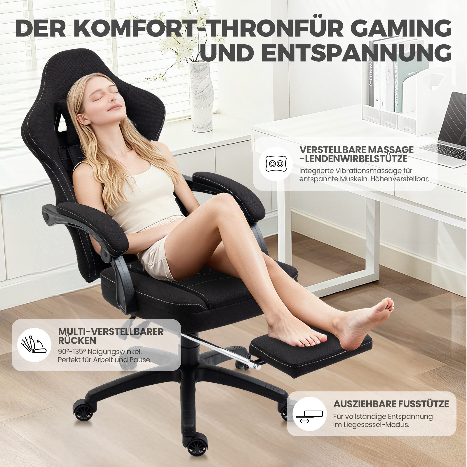 Dowinx Gaming-Stuhl Stoff mit Taschenfederkissen, Gaming Sessel mit Fußstütze, Ergonomischer Bürostuhl – Bild 5 von 5