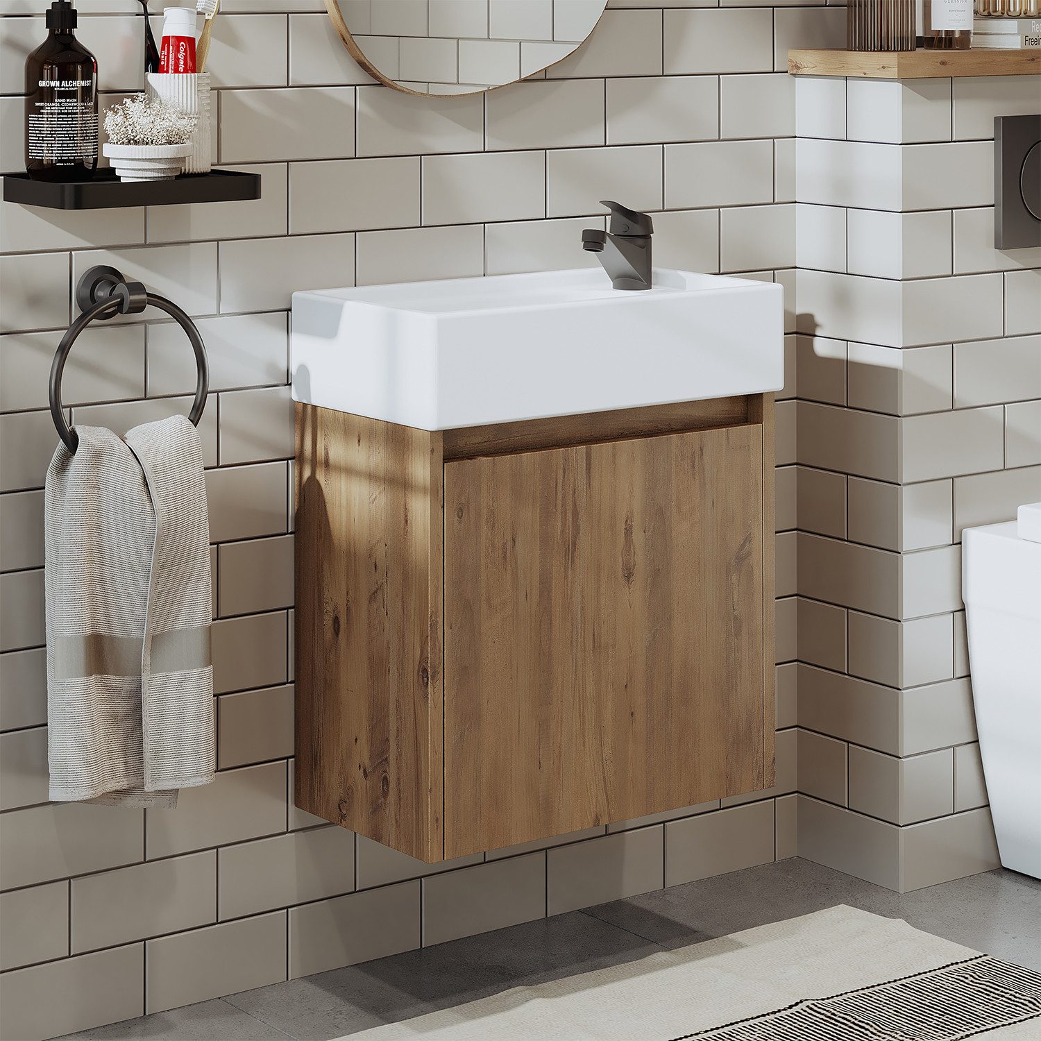 Roomart Badmöbel-Set MINI 50 hängend, 25 cm tief, Soft-Close, Keramikbecken in 5 Farben, (Komplett-Set für Badezimmer, Gäste WC, Unterschrank mit Waschbecken, Seitenschrank, Spiegelschrank), Soft-Close, Wandmontage, Keramikbecken inkl., 5 Farben, 25 cm ti