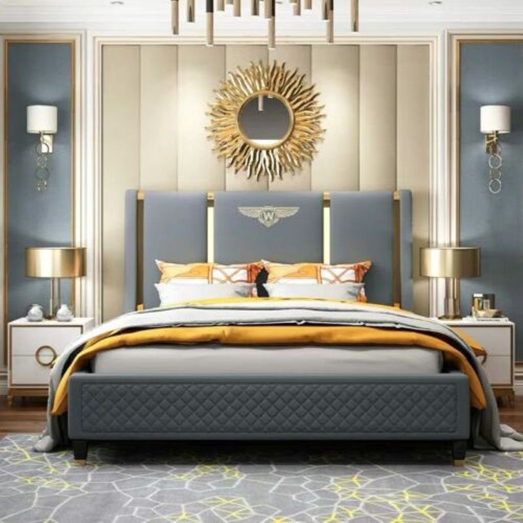 Bett JVmoebel Lederbett, Hotel Schlaf Design Doppel Ehe Luxus Zimmer Polster Blau Leder Betten