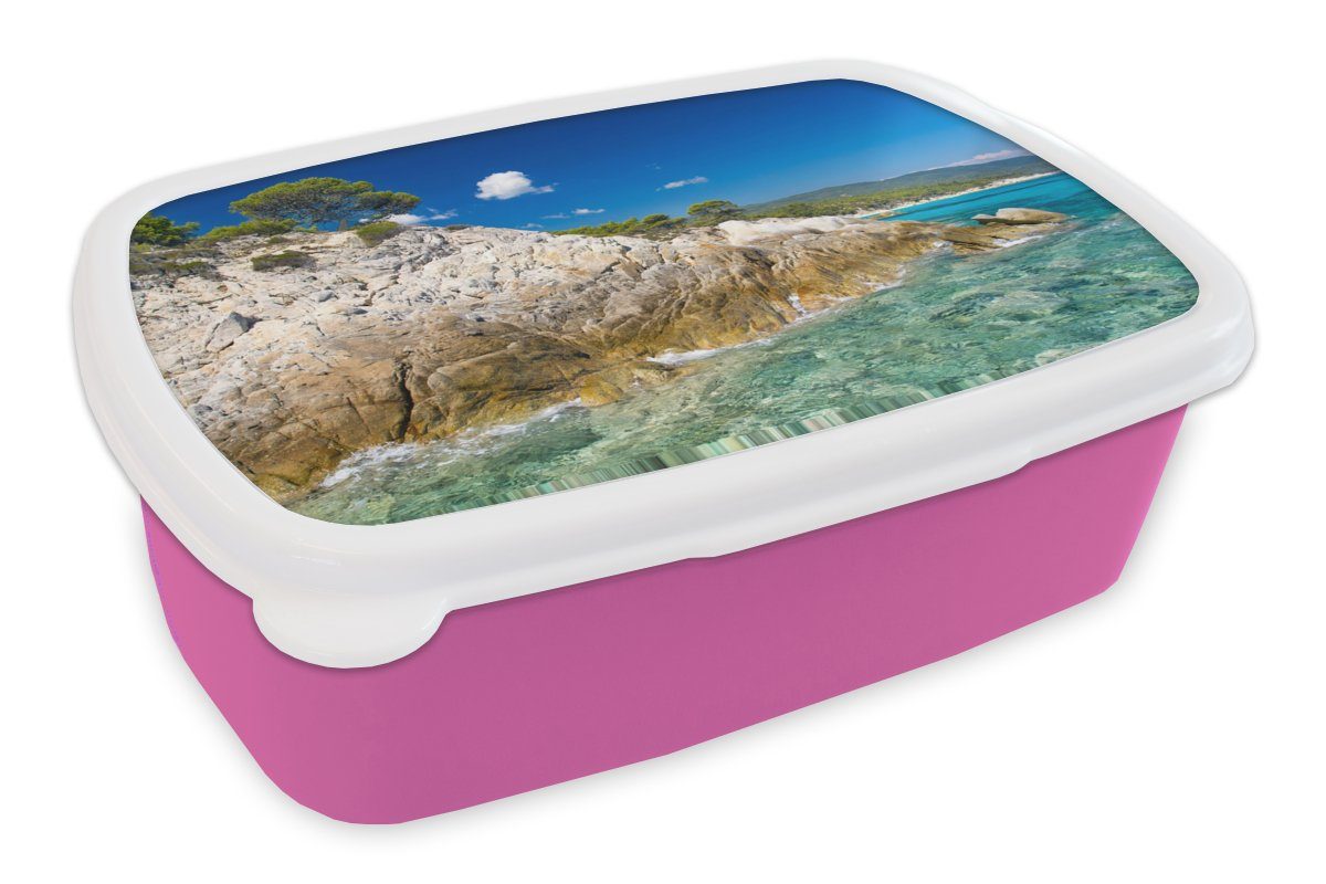 MuchoWow Lunchbox Meer - Klippe - Sommer - Tropisch, Kunststoff, (2-tlg), Brotbox für Erwachsene, Brotdose Kinder, Snackbox, Mädchen, Kunststoff rosa