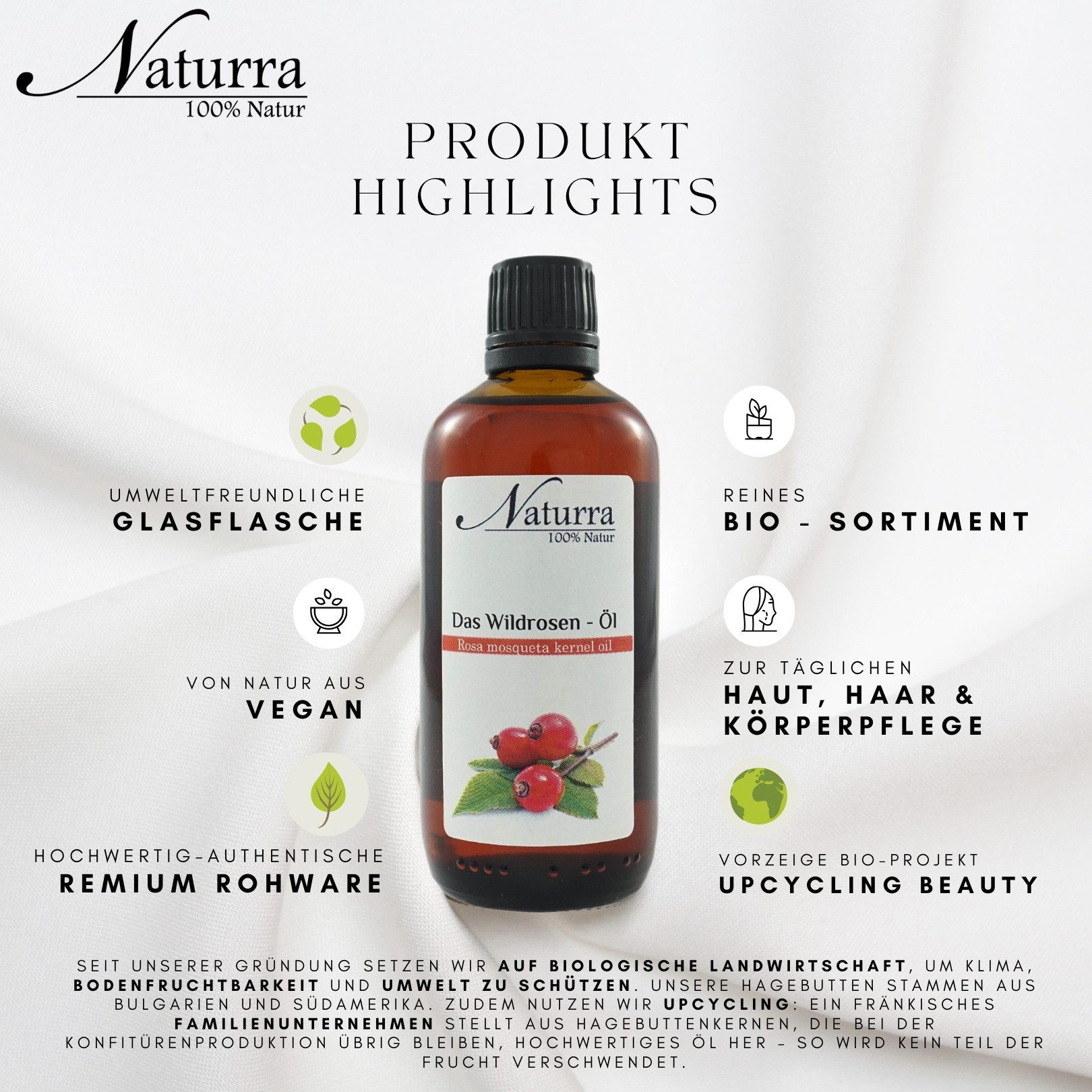 Naturra Körperöl Wildrosenöl Bio Hagebuttenkernöl kaltgepresst unraffiniert nativ Glas, Bio-Vorzeige-Projekt, Upcycling Beauty, Omega-3-6, Hoch antioxidativ