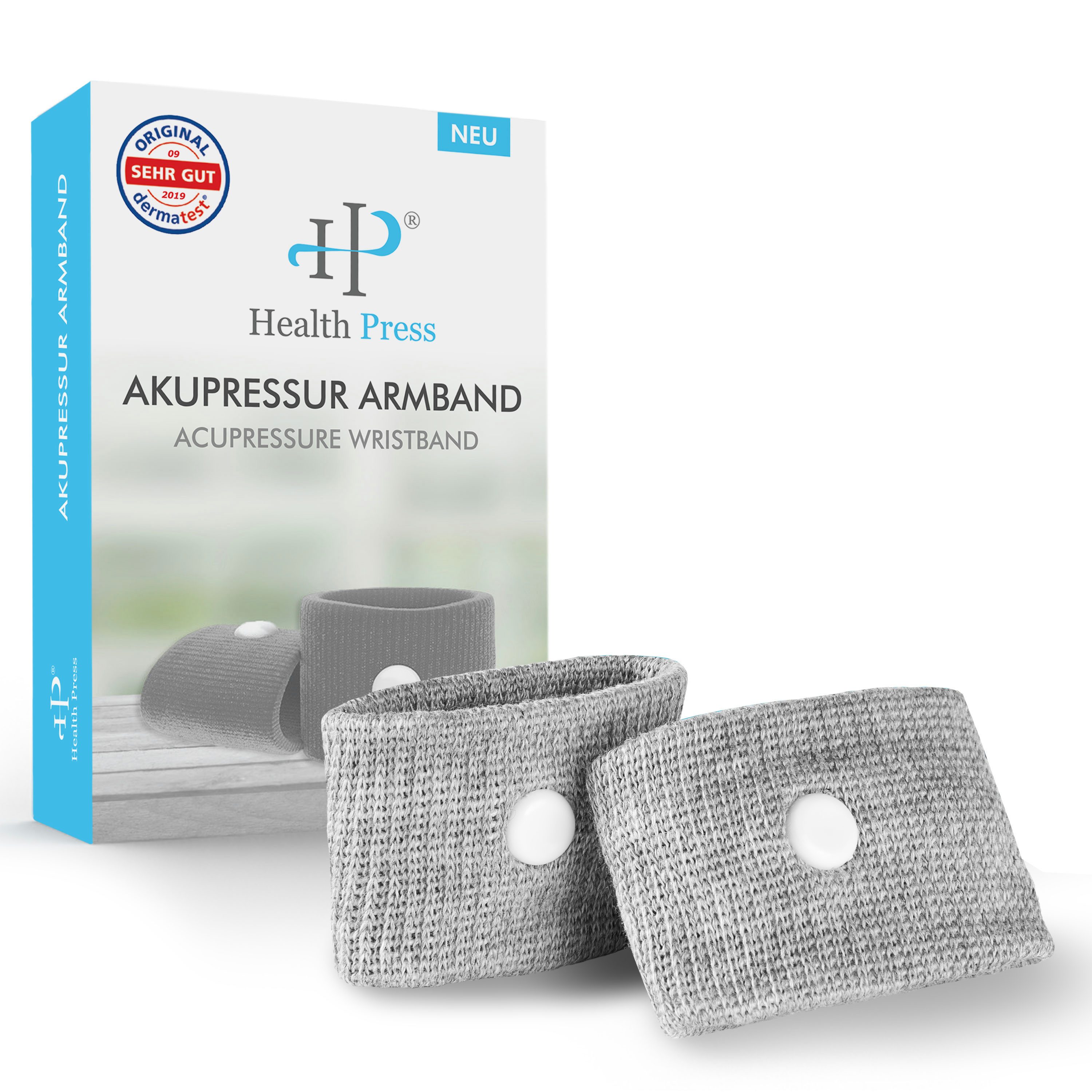 Health Press Akupressur-System-Bandage Armband Grau Dank optimierter Passform für jedes Handgelenk geeignet, Dermatologisch getestet