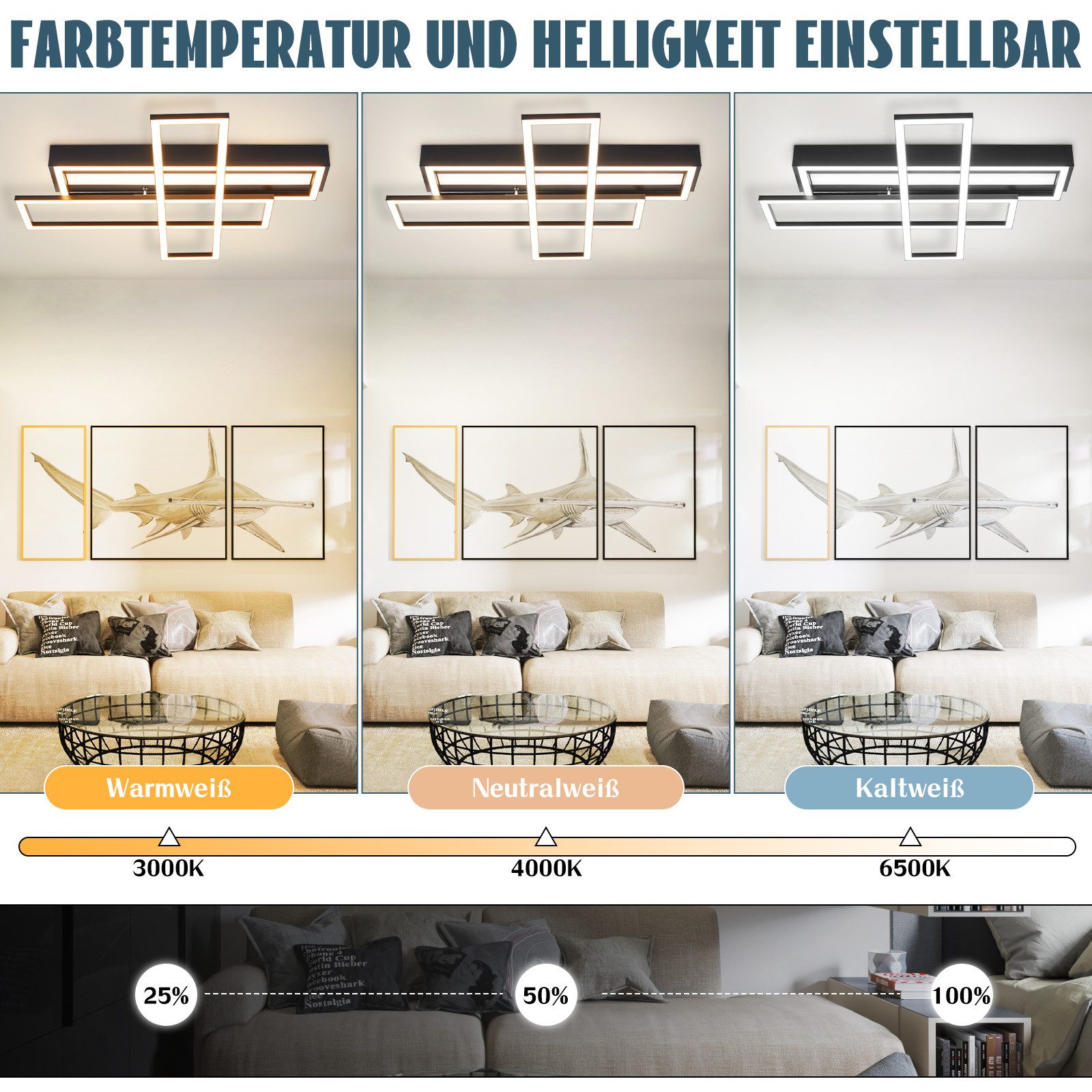 ZMH LED Deckenleuchte Wohnzimmer Schwarz Rechteckig Deckenlampe Dimmbar Modern Design, Augenschutz, Einfache Installtion, LED fest integriert, 3000-6500K, 54W Schlafzimmerlampe mit Fernbedienung Küche Esszimmer