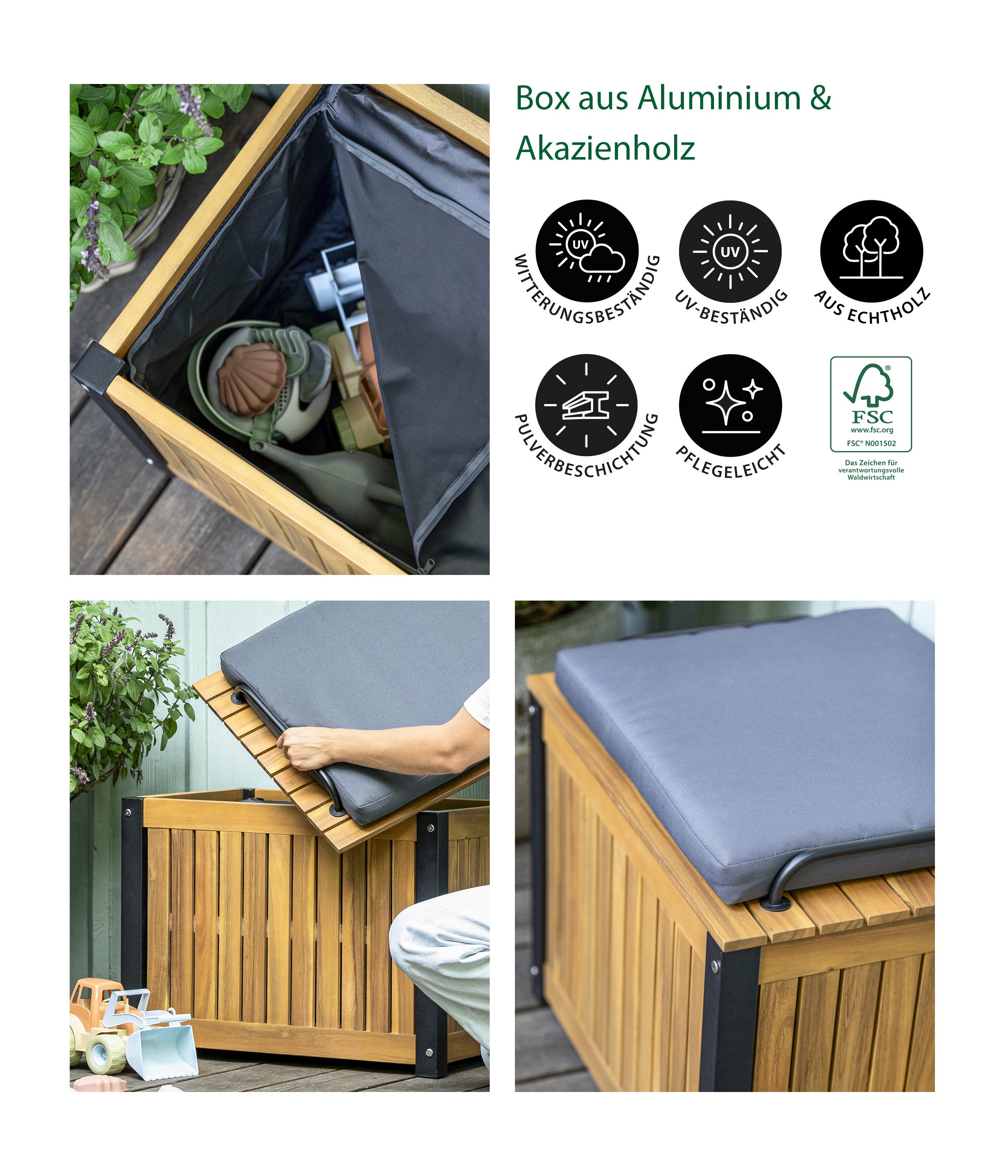 Dehner Balkonset Kissenbox Liverpool, versch. Größen, Akazienholz, Auflagenbox mit bequemem Sitzpolstern