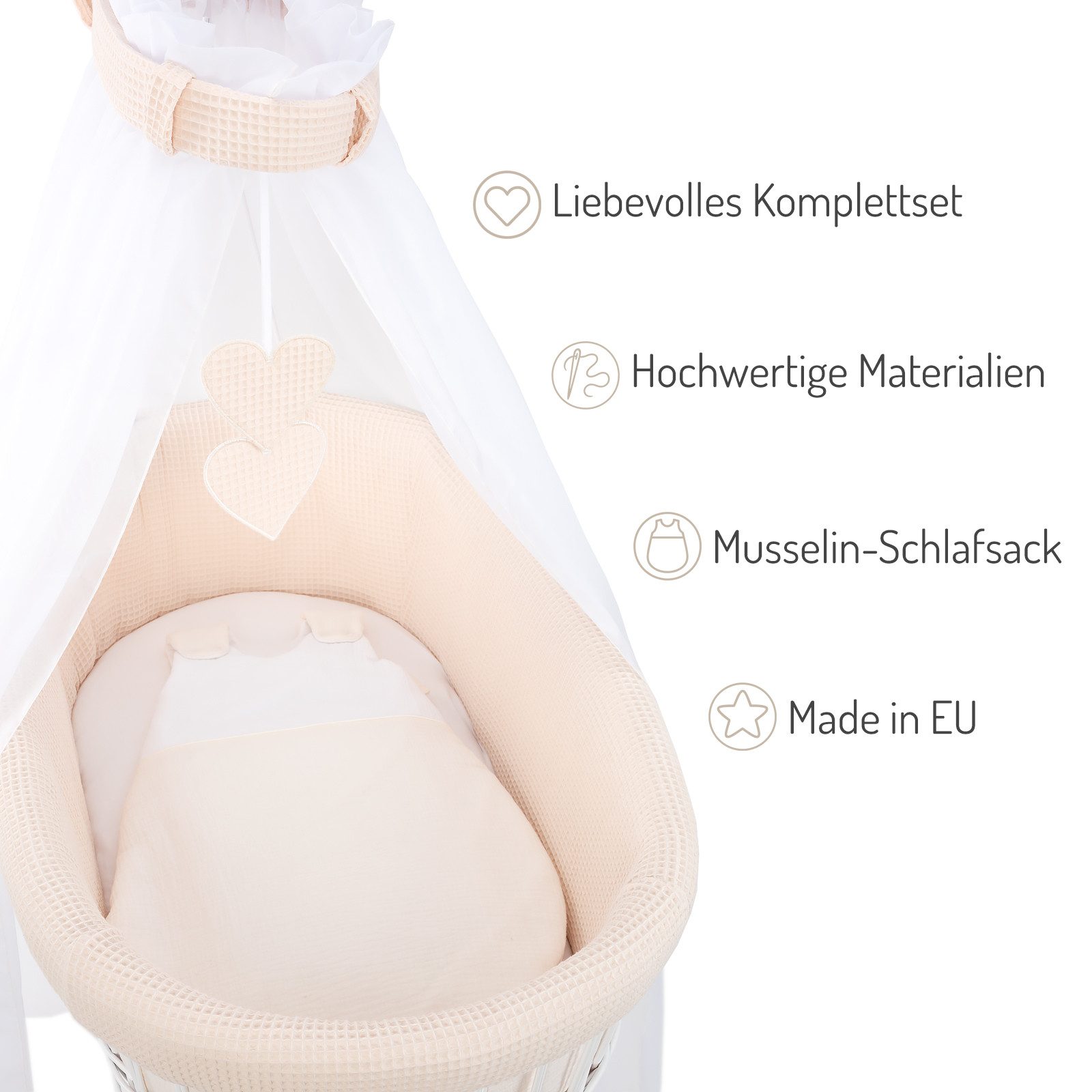 FabiMax Stubenwagen grau lackiert, Komplettset, Musselin & Waffelpiqué, Inkl. Matratze, Nestchen & Schlafsack