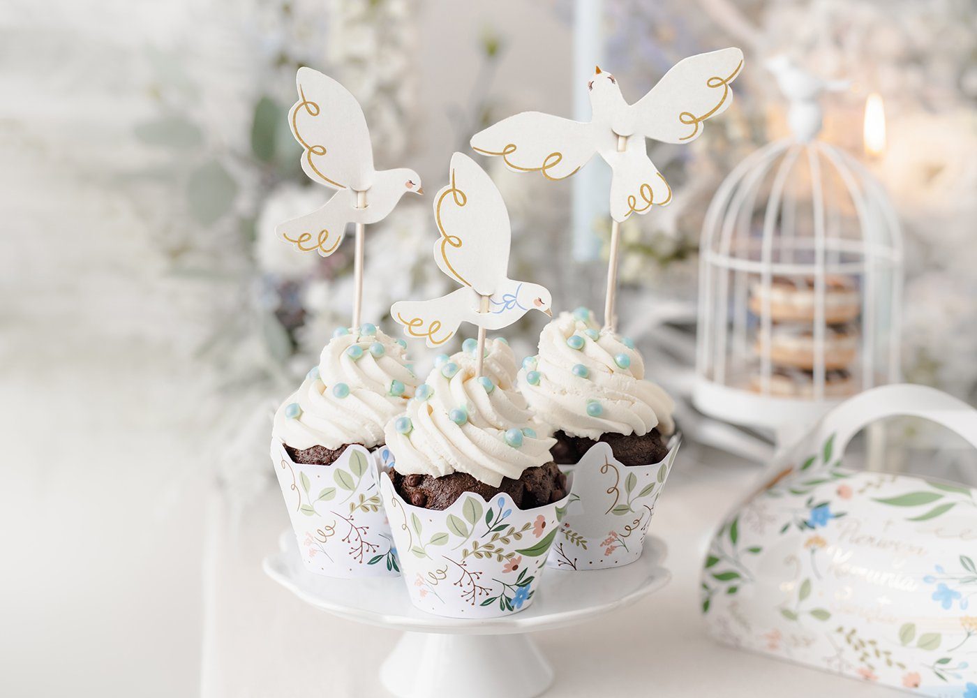 partydeco Muffinform, Muffin Förmchen Taube mit Zweigen 5x7x6cm Papier weiß grün 6er Set