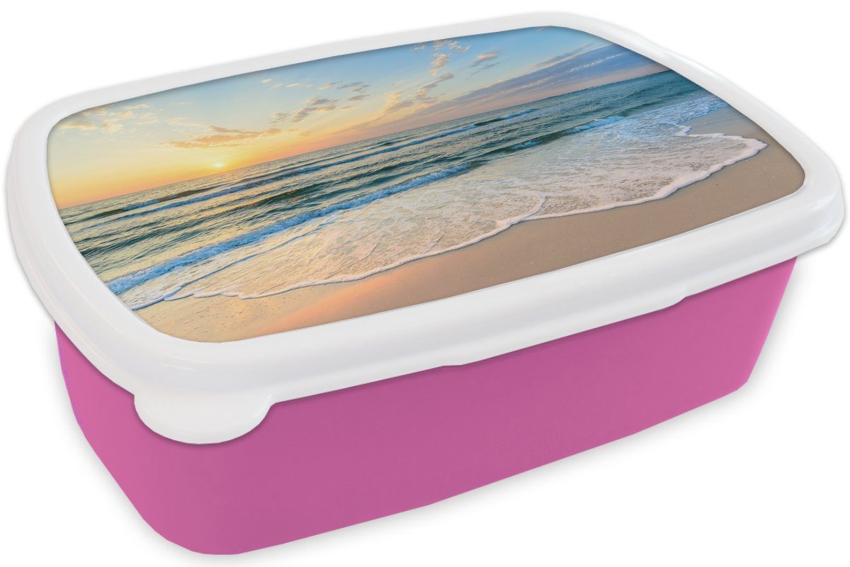 rosa Kunststoff - Sonnenuntergang MuchoWow (2-tlg), für Brotbox - - Brotdose Kunststoff, Strand Meer Lunchbox Erwachsene, Snackbox, Kinder, Mädchen, Golf,