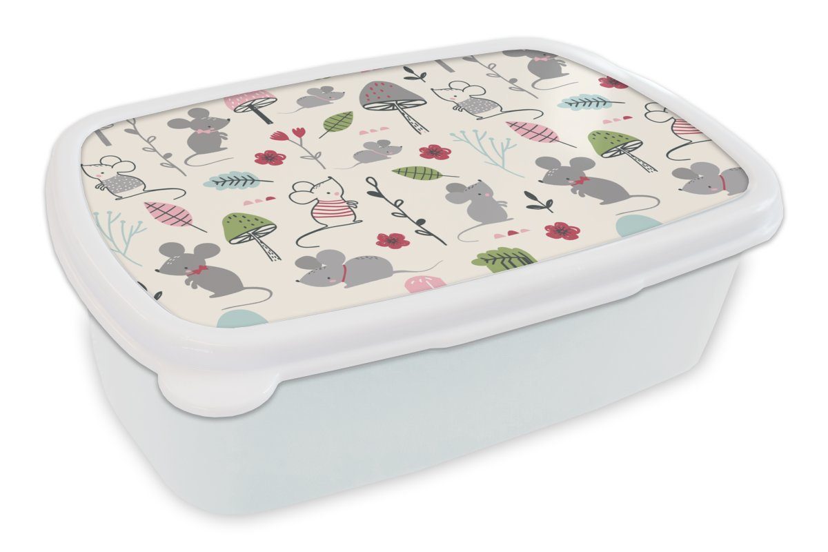 Muster Brotbox Lunchbox - Brotdose, für (2-tlg), Kinder für Pilz, und Mädchen - - Erwachsene, MuchoWow weiß und Jungs Mäuse Herbst Kunststoff,