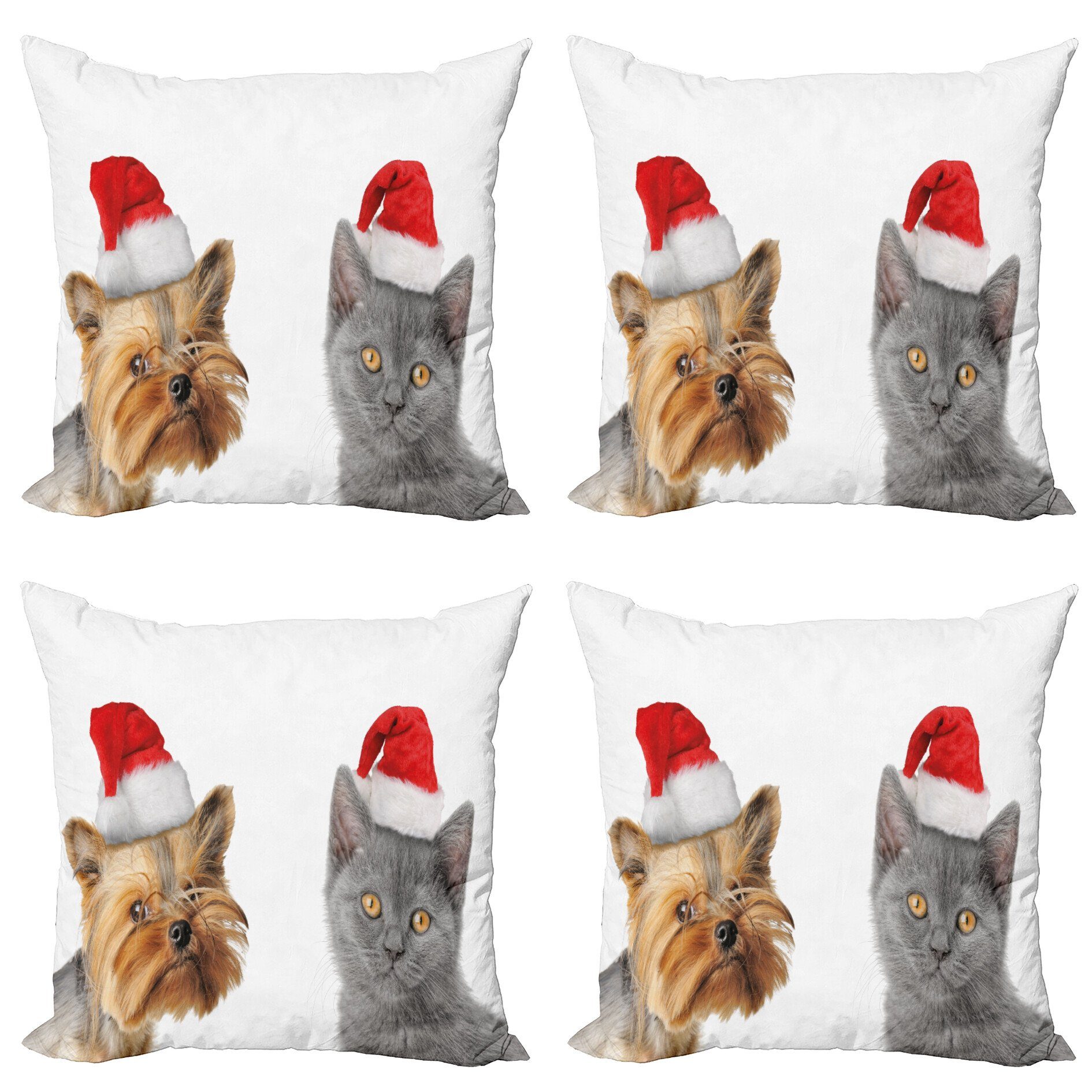 Kissenbezüge Modern Accent Doppelseitiger Digitaldruck, Abakuhaus (4 Stück), Weihnachten Katze Hund Weihnachtsmütze