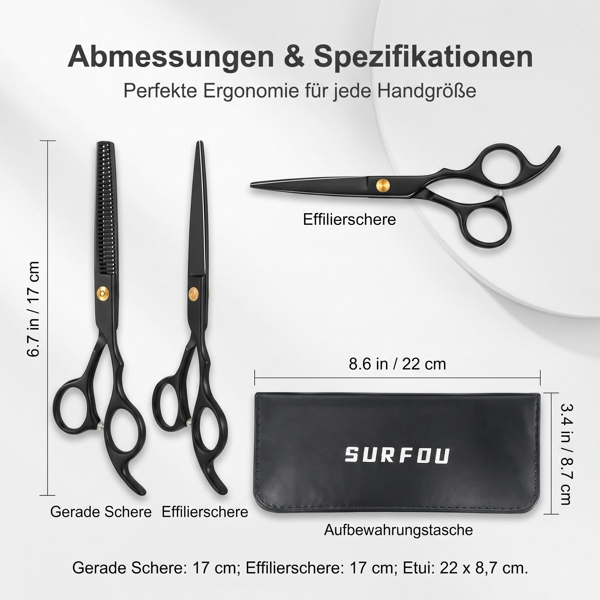 SURFOU Haarschere Friseurscheren Set 6,7 Zoll aus Edelstahl mit Effilierschere, (ergonomische friseurschere haarschneidescheren set mit etui haarschneideschere für haustiere, friseurschere mit schraube, schere für dickes haar), haarschneideschere für männer frisurenschneiden haarschere für zuhause