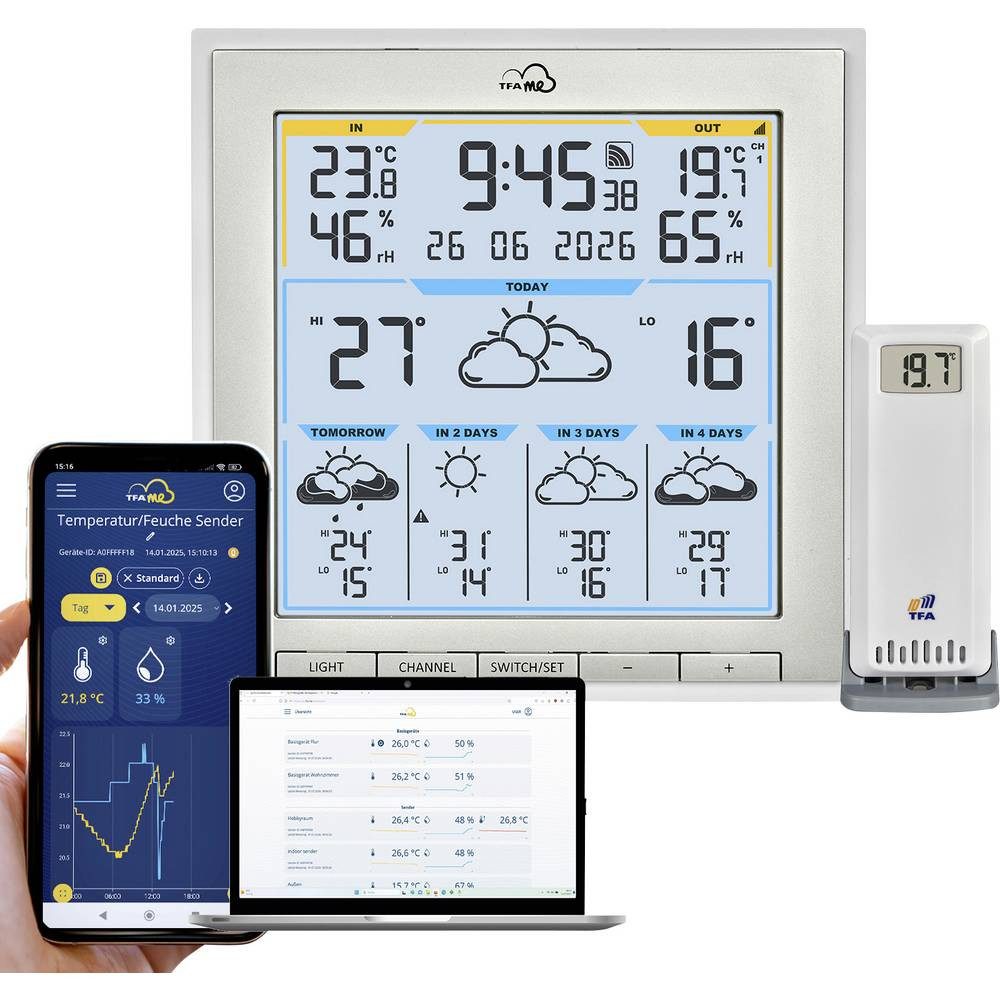 TFA Dostmann TFA.me ID-08 WLAN-Wetterstation Vorhersage für 5 Tage Anzahl Sensoren Wetterstation