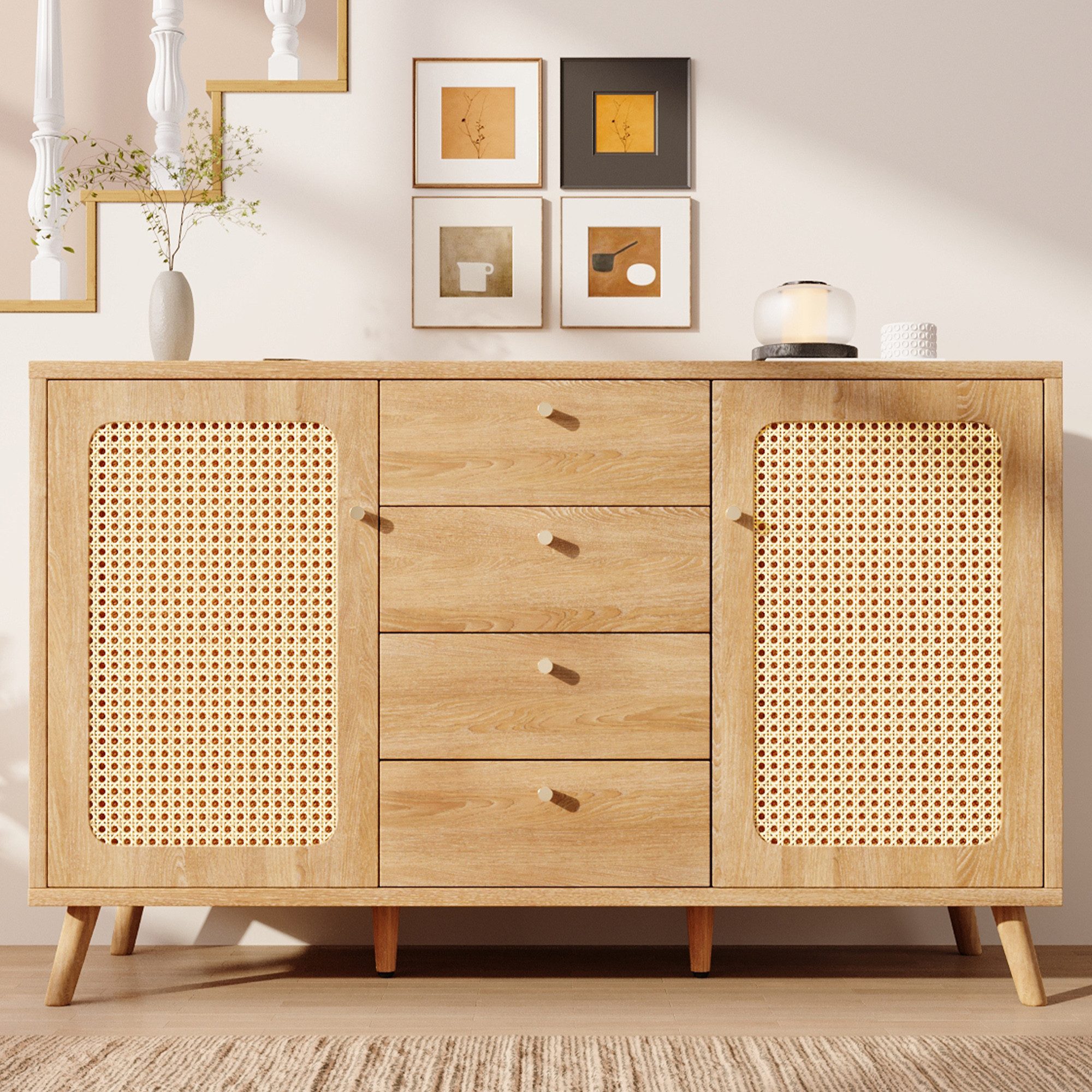 Flieks Kommode mit 4 Schubladen und 2 Rattan-Türen (1 St., 140x40x86 cm), Sideboard Mehrzweckschrank Holzschrank mit verstellbarer Ablagen