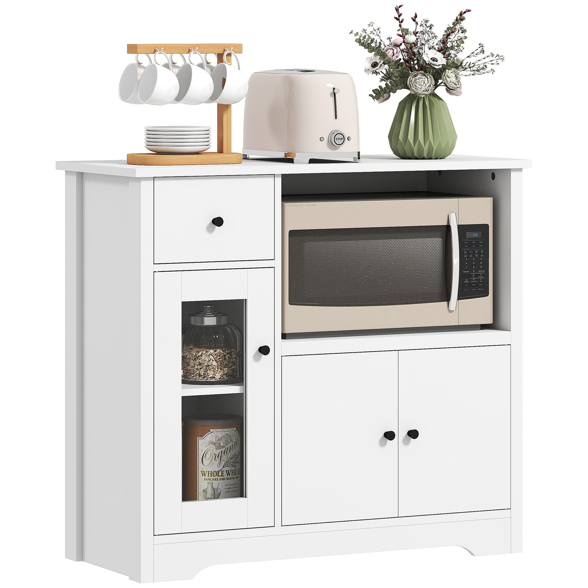 HOMCOM Küchenbuffet Mikrowellenschrank mit Stauraum (Küchenschrank mit Mikrowellenreagl, 1-St., Sideboard mit Schubladen, 3 Türen und verstellbarem Regal) 80 x 35 x 72,2 cm, Weiß