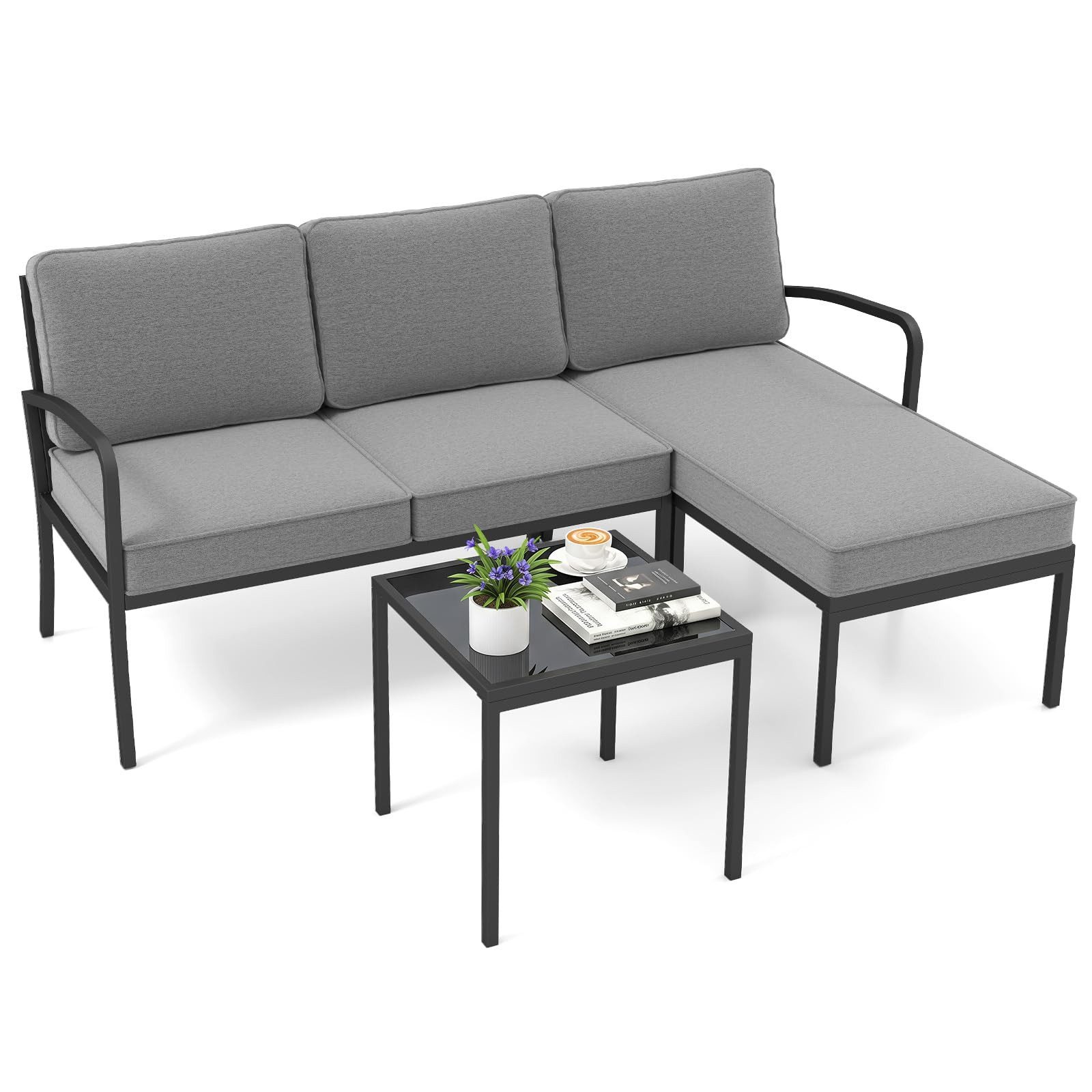COSTWAY Gartenlounge-Set, (3-tlg), mit Kissen, wetterfest Metall für Garten, Balkon
