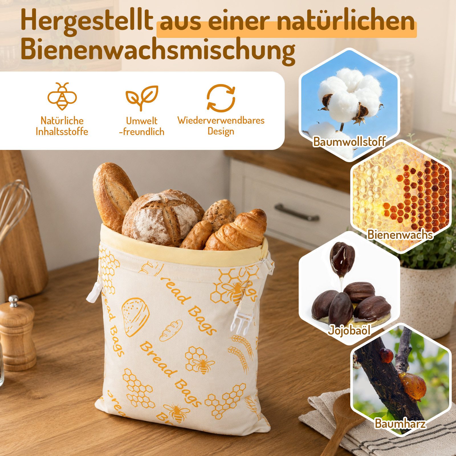 JOYOLEDER Brottasche Bienenwachs Brotbeutel 2 Stück, 43×34 cm Wiederverwendbar, (für Brot, Brotbeutel Aufbewahrung Frischhalten, mit Reißverschluss, zur Aufbewa – Bild 3 von 5