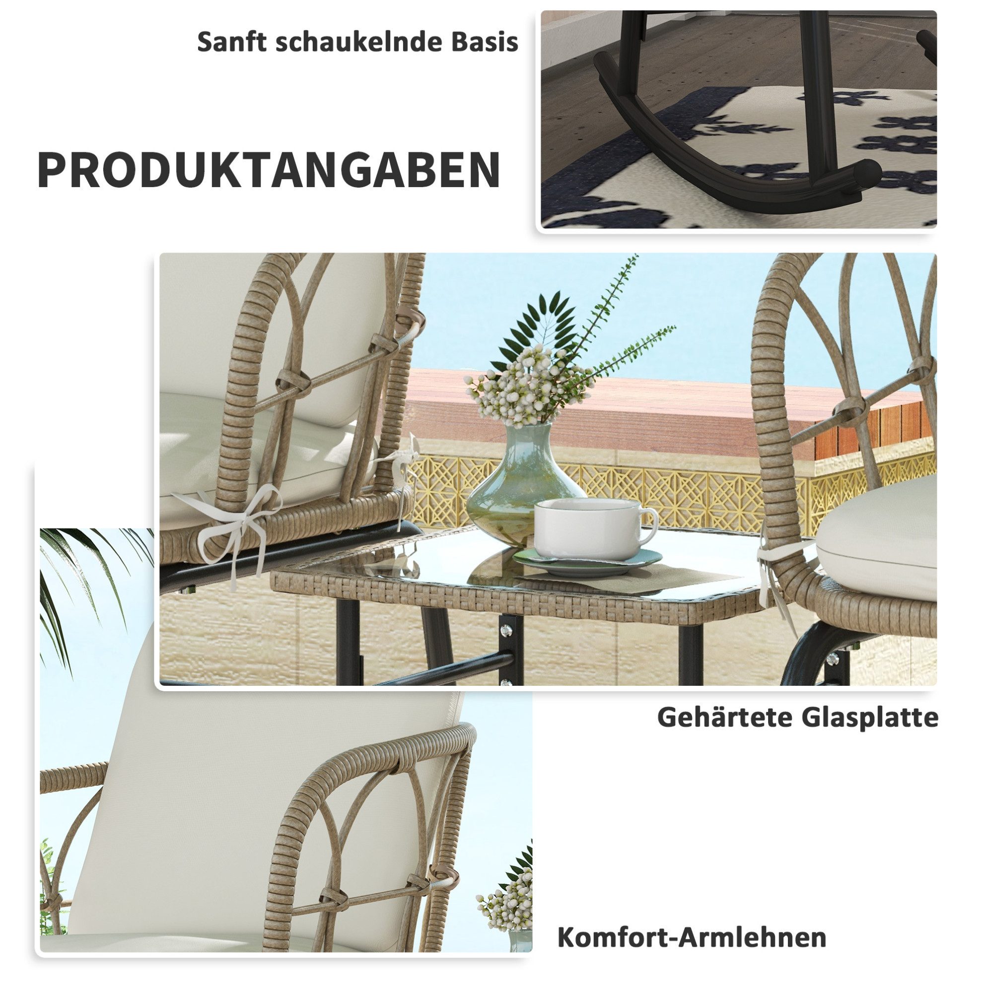 OKWISH Sitzgruppe 3‑tlg. Rattan-Schaukelstuhl-Set mit 2 Schaukelstühlen & 1 Couchtischt, (Set, 3-tlg., Sanft schwingende Garnitur für entspannte Nachmittage im Freien), 63x82x75 cm mit Kissen für Terrasse, Balkon & Garten