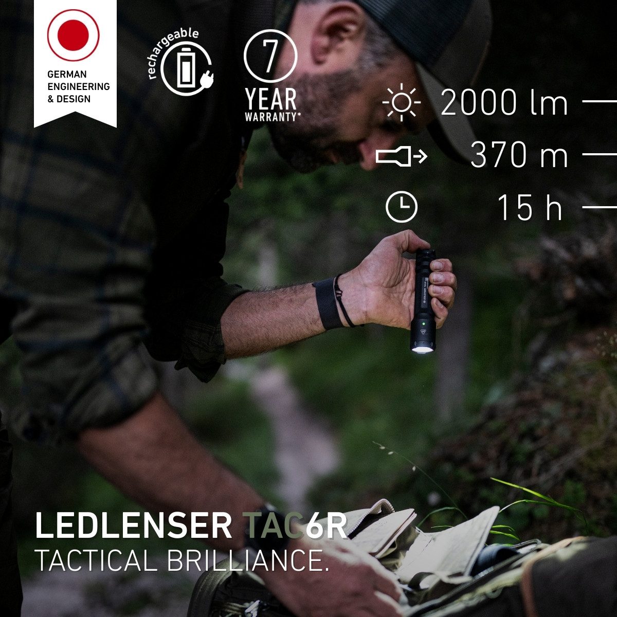 Ledlenser Taschenlampe TAC6R, Bis 2000 lm, 6 Modi inkl. Strobe, bis 370m Leuchtweite, USB-C-Akku