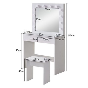 CLIPOP Schminktisch Schminkkonsole Set (Tablett mit Ständer), 80x33x140cm, 2 Schubladen Frisiertisch mit gepolstertem Hocker