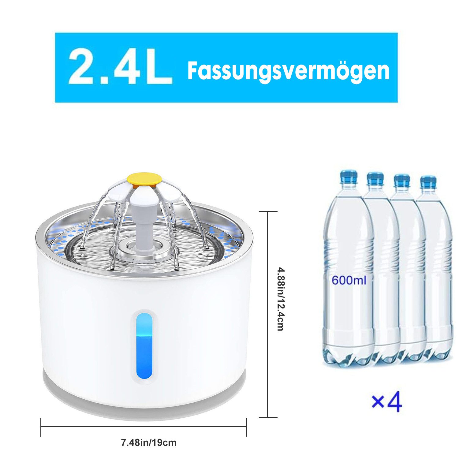 AIMAX Trinkbrunnen Katzenbrunnen Edelstahl 2.4 L Trinkbrunnen für Katze, USB, mit Stecker, Ultraleiser Wasserbrunnen mit Aktivkohlefilter Hundetrinkbrunnen
