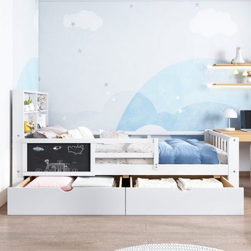 Fangqi Kinderbett mit Mehrfunktionen, mit Schubladen und Tafel, weiß 90*200