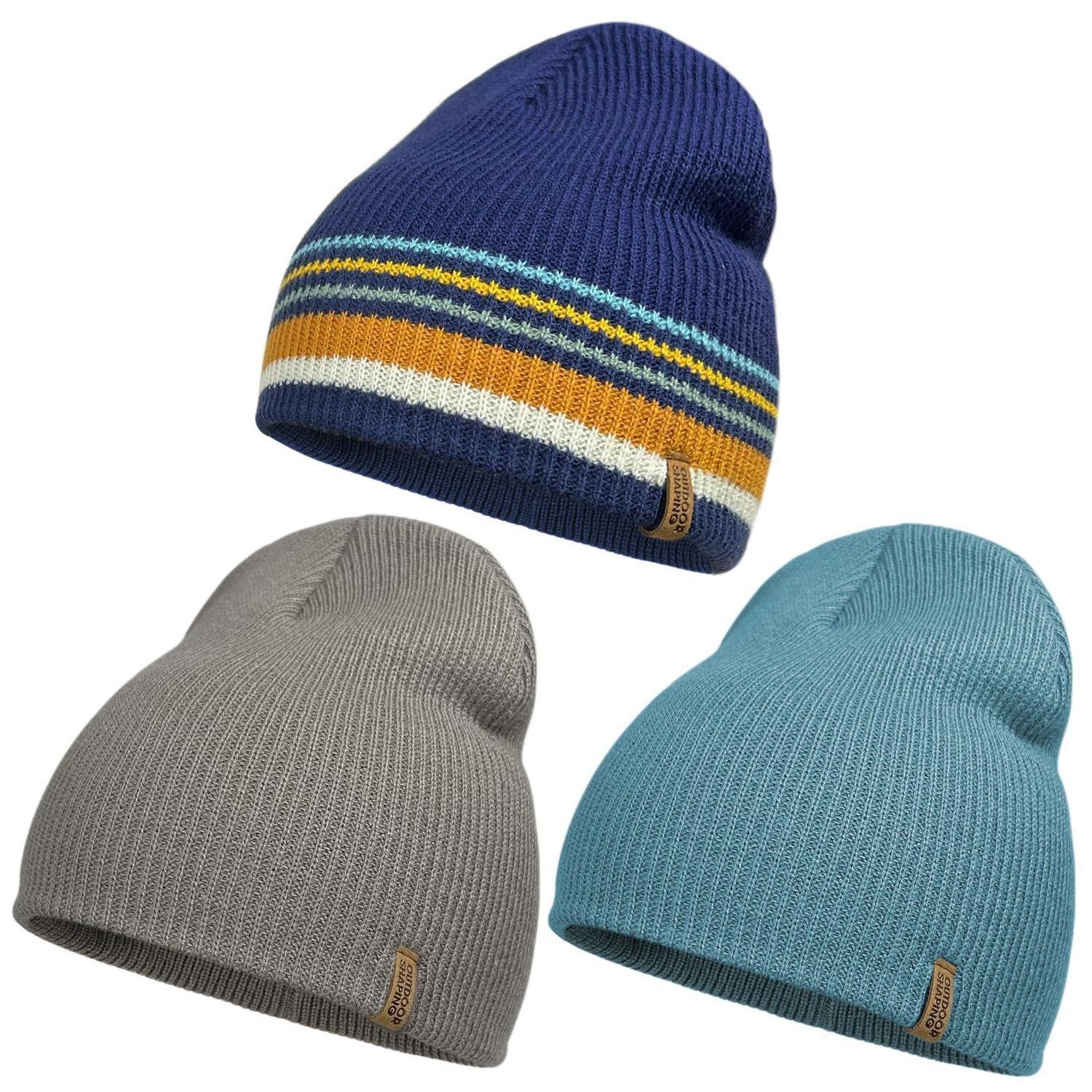Strickmütze Beanie Wintermütze Strickmütze Hellgrau Blau gestreift Petrolblau