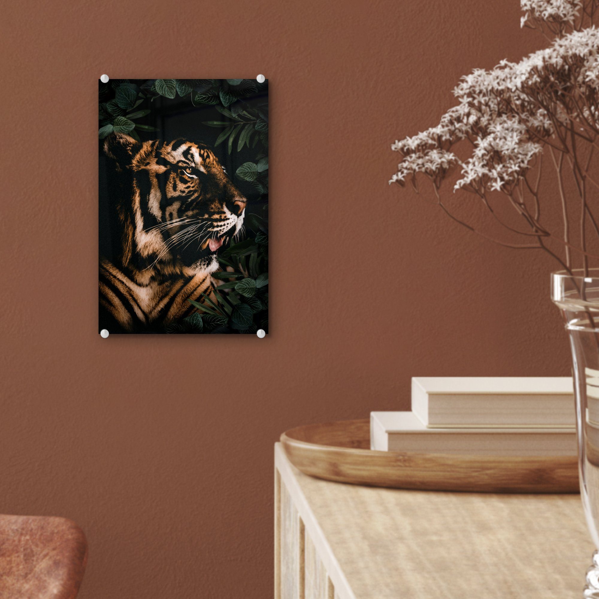 MuchoWow Acrylglasbild Tiger - - Brüllen Foto Pflanzen, Wanddekoration Glas auf Glas - St), auf Glasbilder Bilder Wandbild (1 bunt - 