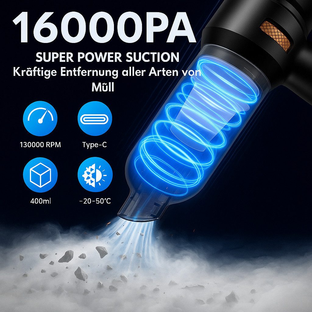 Goldstern-Tech Akku-Handstaubsauger Vortex-180, 100 W, Staubbehälter (beutellos), 16000 Pa Saugkraft, 6000 mAh, 30 Min Laufzeit, Schnellladung via USB-C