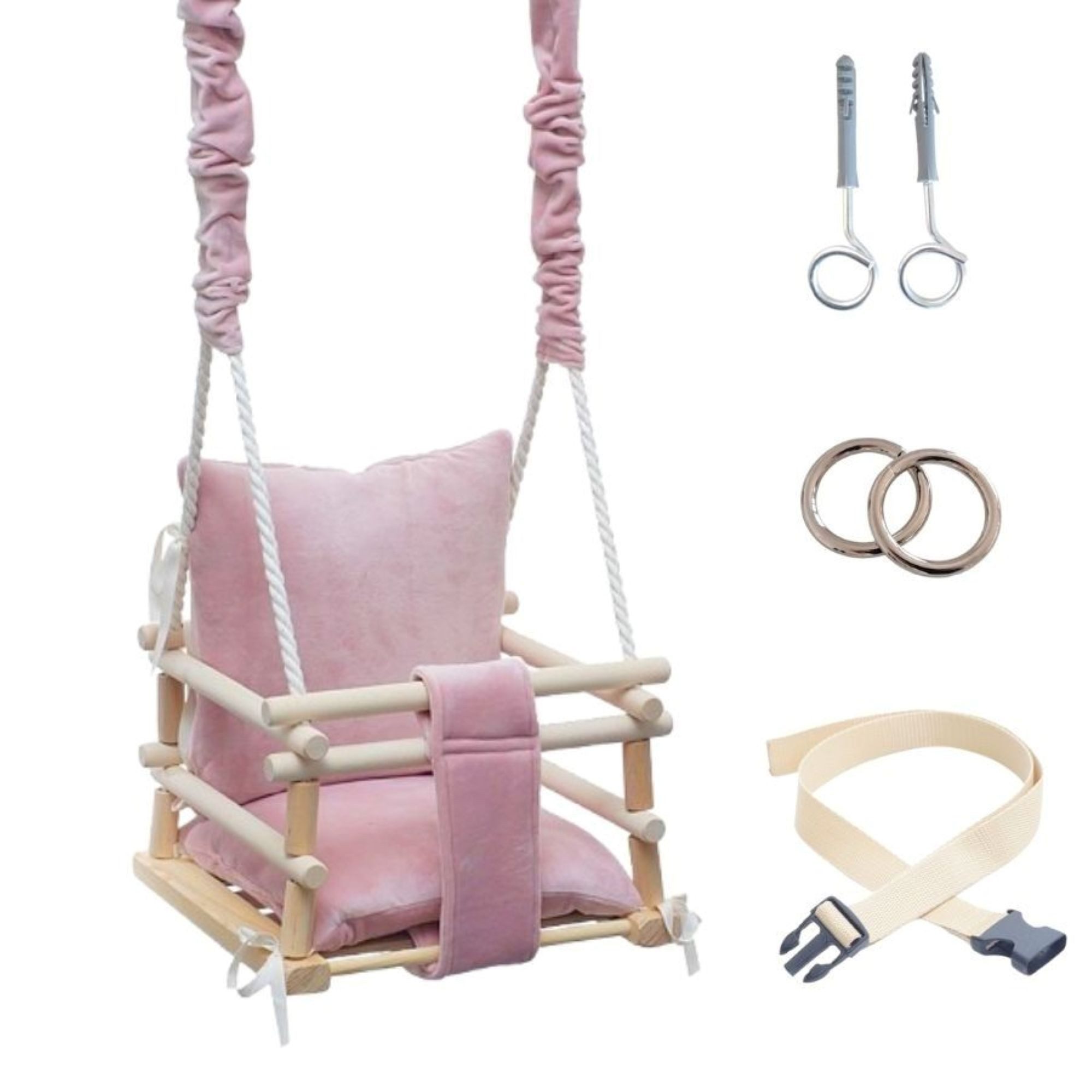 LuMali Babyschaukel Babyschaukel 3in1 Holz Sicherheitsgurt drinnen draußen 34x34x28cm, Kinderschaukel Naturholz Kiefer weich verstellbar 6-36 Monate