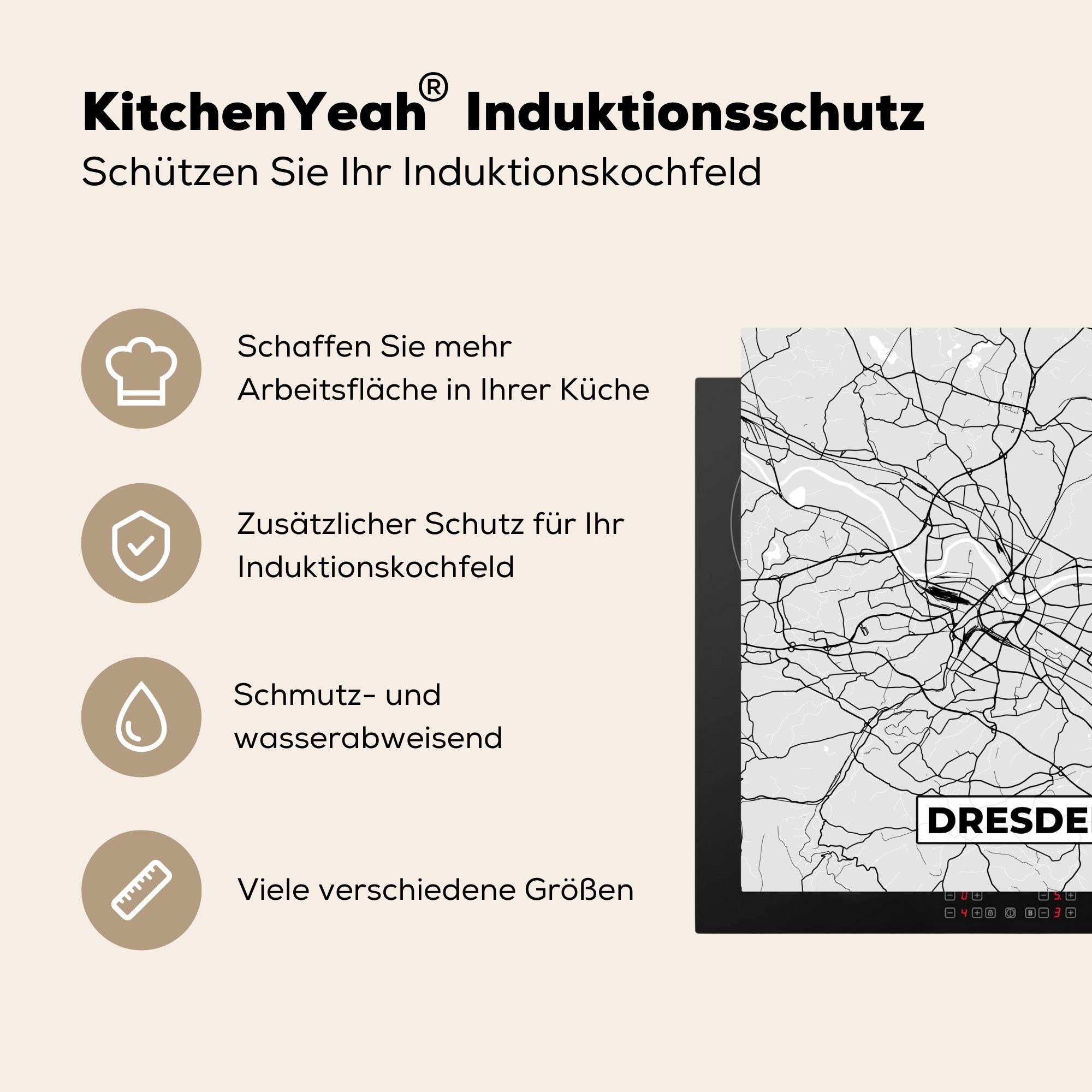 MuchoWow Herdblende-/Abdeckplatte Dresden Arbeitsplatte Deutschland, Stadtplan Ceranfeldabdeckung, 78x78 Karte - cm, küche - für Vinyl, (1 - tlg)