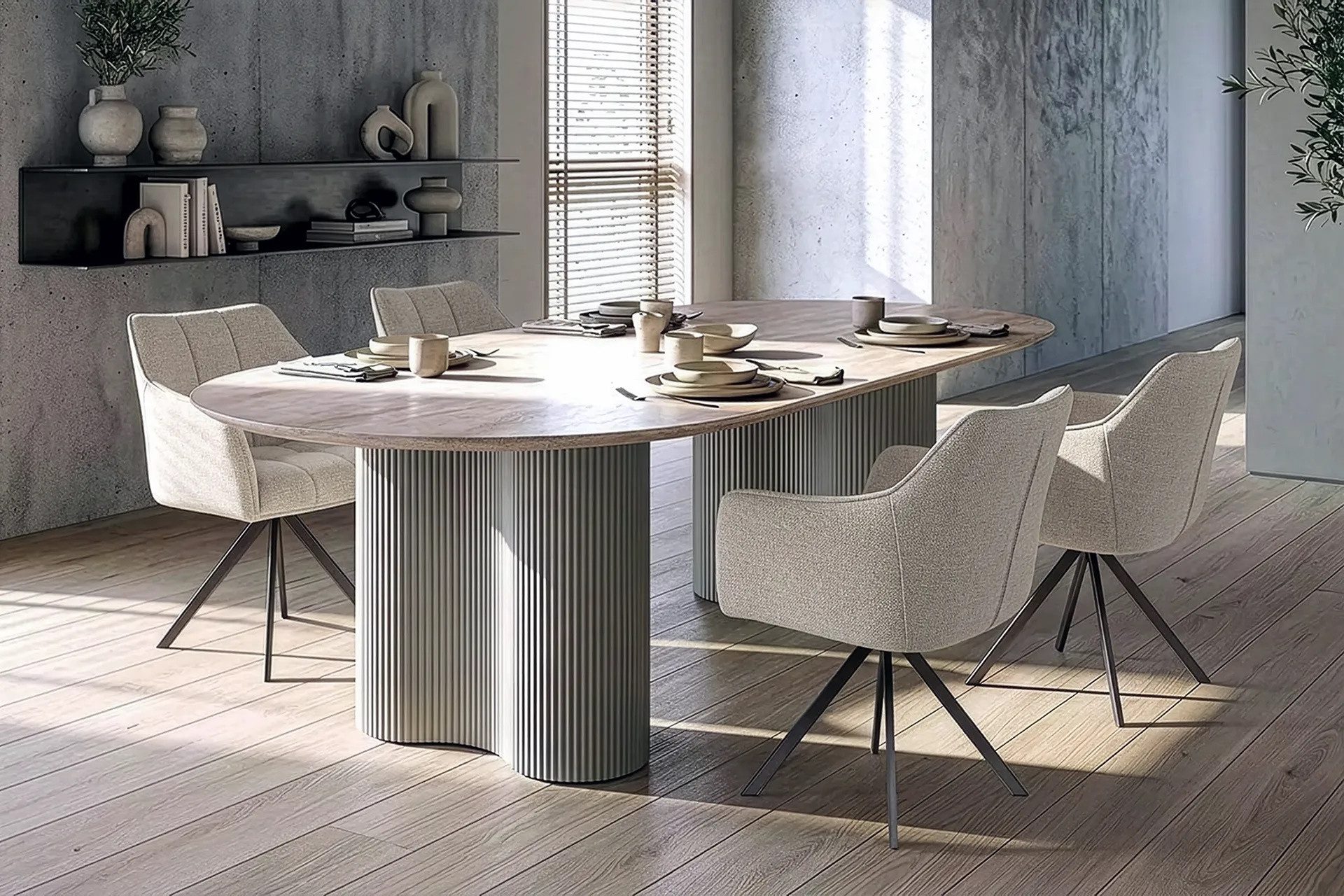 Vintagehaus Essgruppe Bari 180 Travertin Metall + 4 Stühle Raster