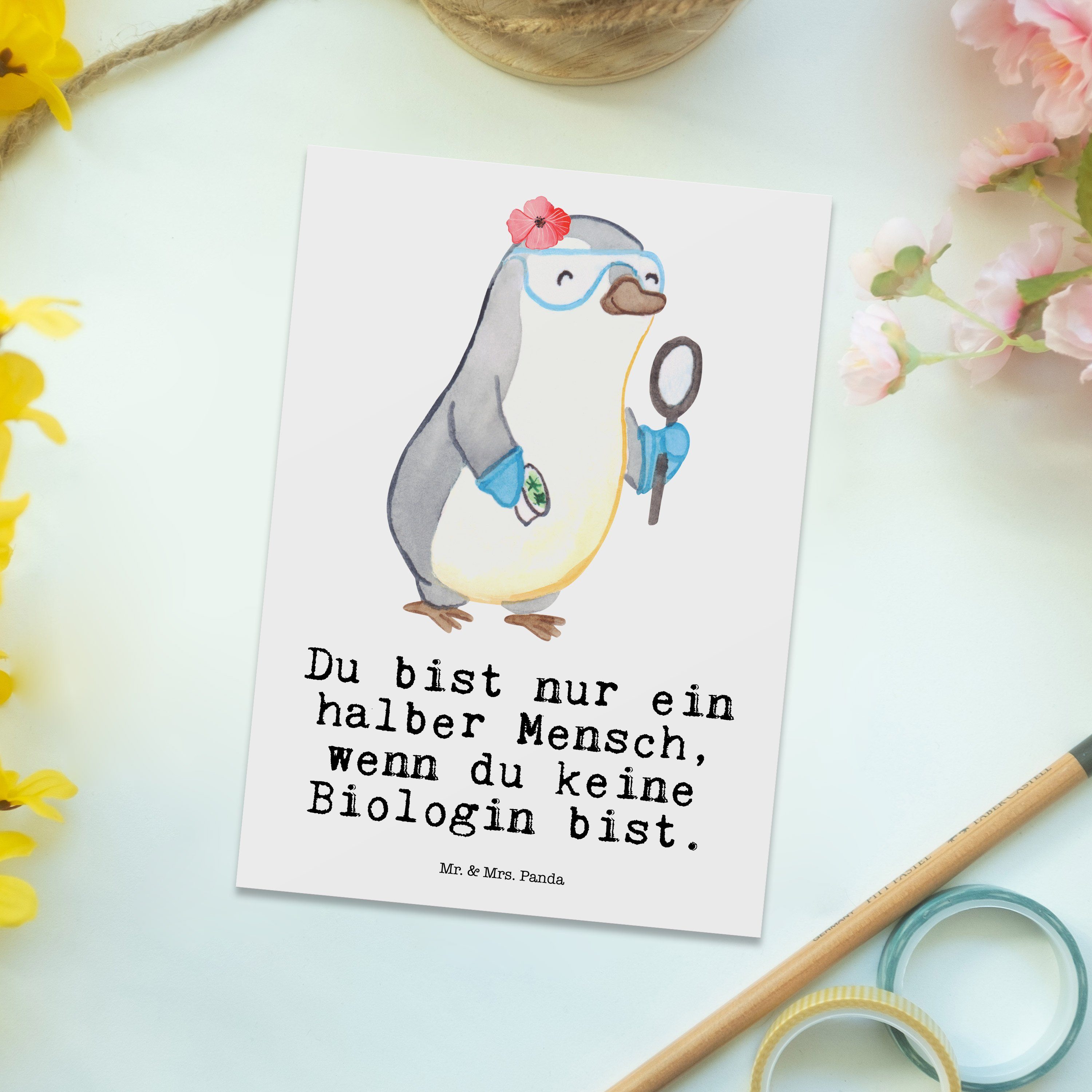 Geschenk, Postkarte Mr. mit Weiß Panda Danke, Schenken, Mrs. - Biologin - & Ansichtskarte Herz