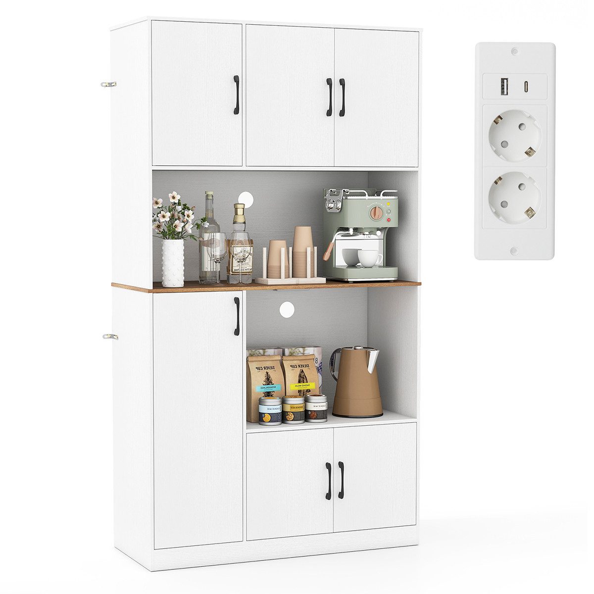 COSTWAY Küchenbuffet mit Steckdose, Arbeitsplatte Küchenschrank Holz 180cm günstig online kaufen