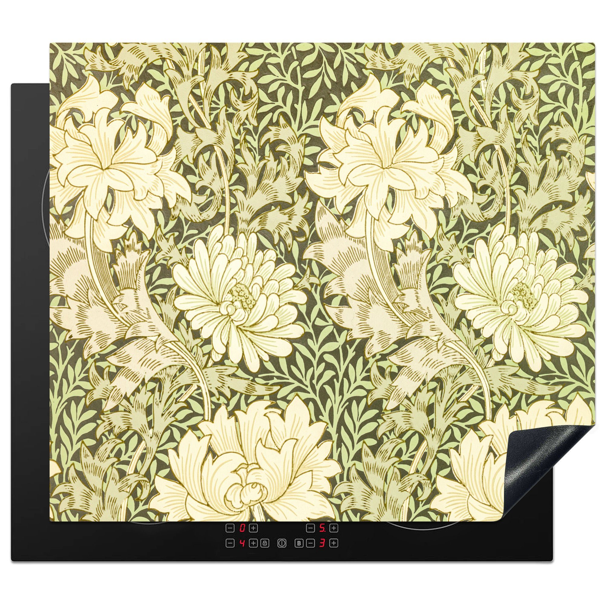 MuchoWow Herdblende-/Abdeckplatte Rosen - Blumen - Grün - William Morris, Vinyl, (1 tlg), 60x52 cm, Mobile Arbeitsfläche nutzbar, Ceranfeldabdeckung