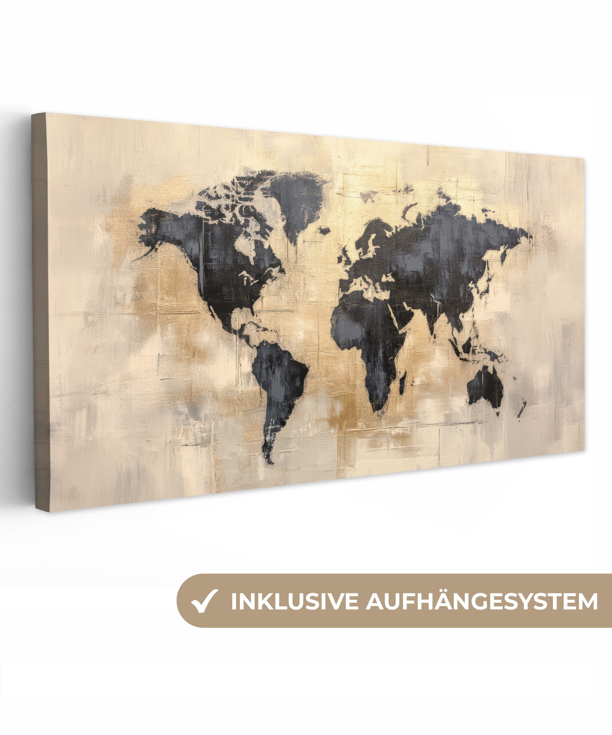 OneMillionCanvasses® Leinwandbild Panorama Weltkarte - Gold - Schwarz - Abstrakt, Fotodruck (1 St), Wandbild, Deko Schlafzimmer Wohnzimmer Flur 40x20 cm