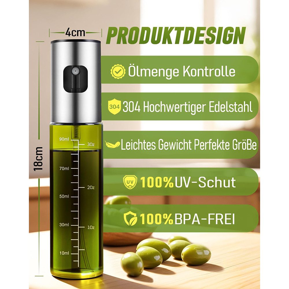 FOUORTUNATE-BEE Ölspender Ölsprüher für Speiseöl, grünes UV-Schutz Sprühflasche Öl, (1-tlg., 100ml Glas Öl Zerstäuber Küche Ölsprühflasche Heißluftfritteuse), Oil Sprayer mit Skala & Trichter, Ölspray für Öl & Essig