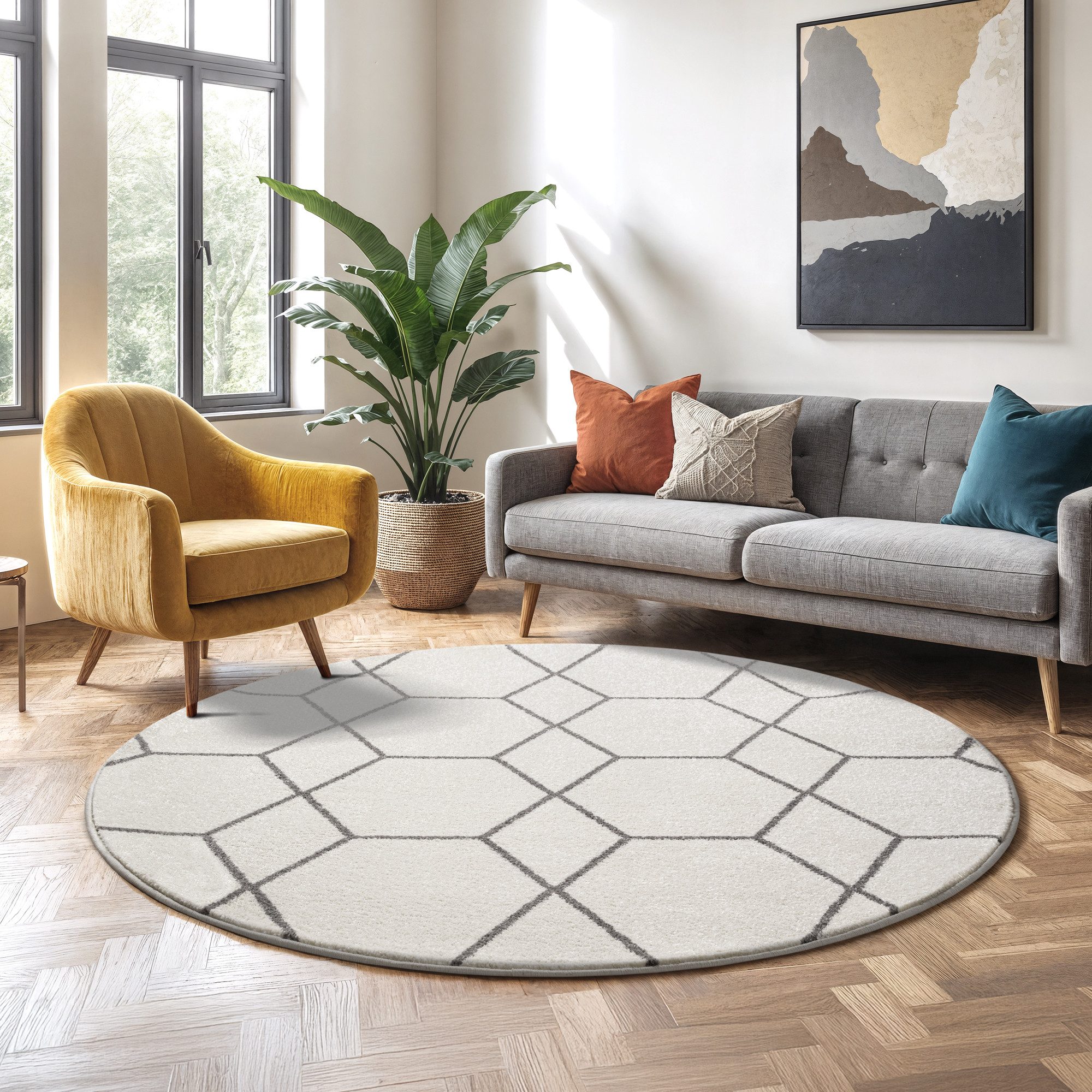 Sanat Teppich Trellis, rund, Höhe: 10 mm, Kurzflor, skandi, boho, auch als Läufer und in rund