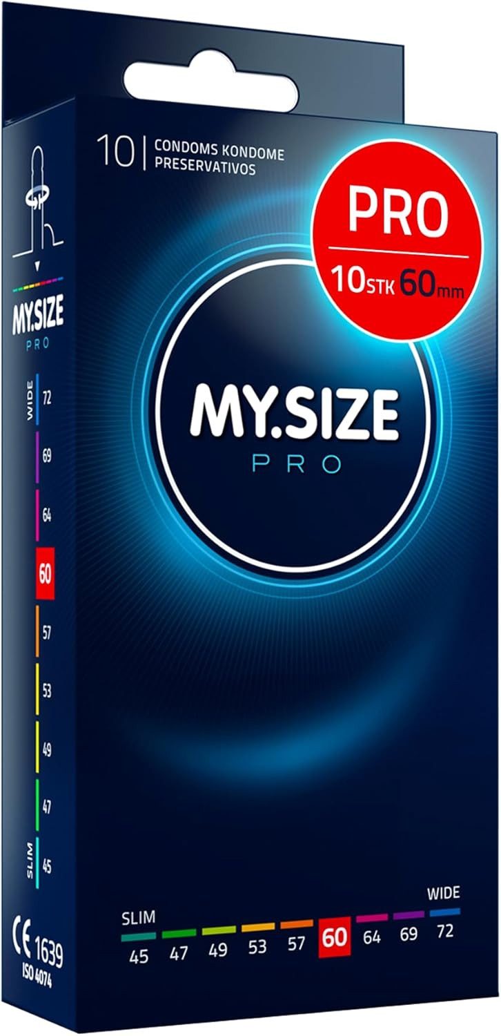 MY.SIZE Kondome PRO ELITE Kondome, 9 Größen, 45-72 mm, Schlank-XXXXL, Extra reines Vytex-Latex, leicht zu öffnen, hauchdünn 0,05mm