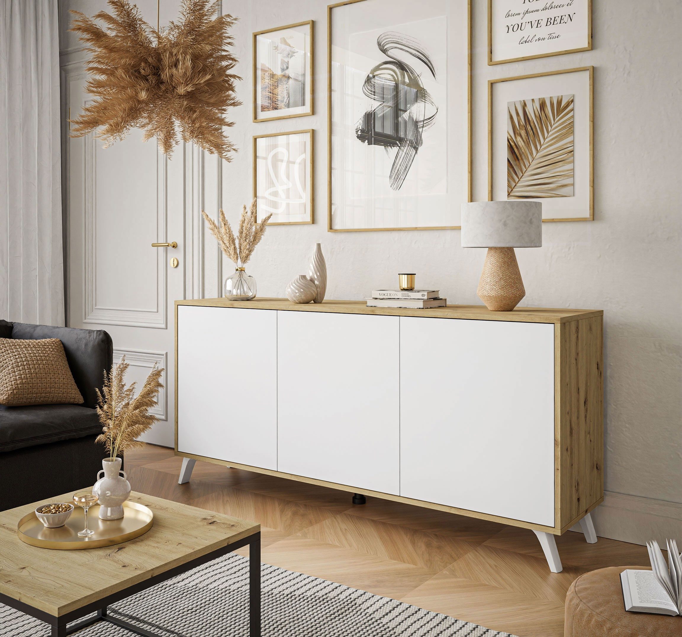 Kommode MANDY dreitüriges Sideboard Artisan Eiche Weiß oder Schwarz matt
