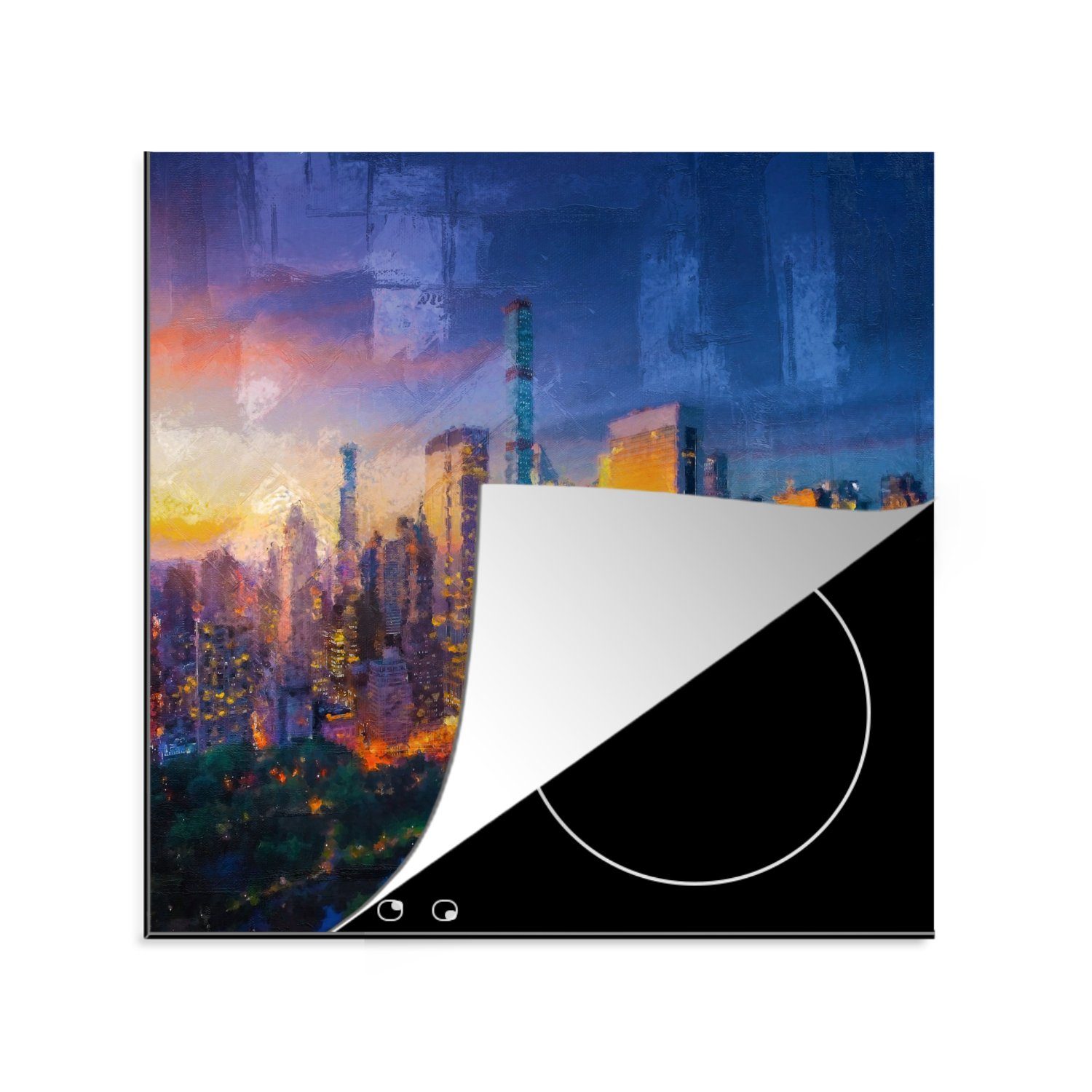 MuchoWow Herdblende-/Abdeckplatte New York - Sonnenuntergang - Gemälde, Vinyl, (1 tlg), 78x78 cm, Ceranfeldabdeckung, Arbeitsplatte für küche