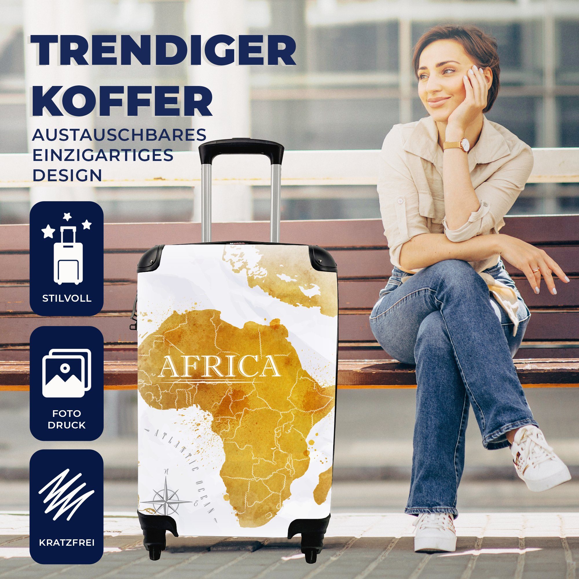 MuchoWow Handgepäckkoffer Trolley, rollen, - mit Handgepäck Rollen, 4 Weltkarte für Gold, Reisekoffer Reisetasche - Ferien, Afrika