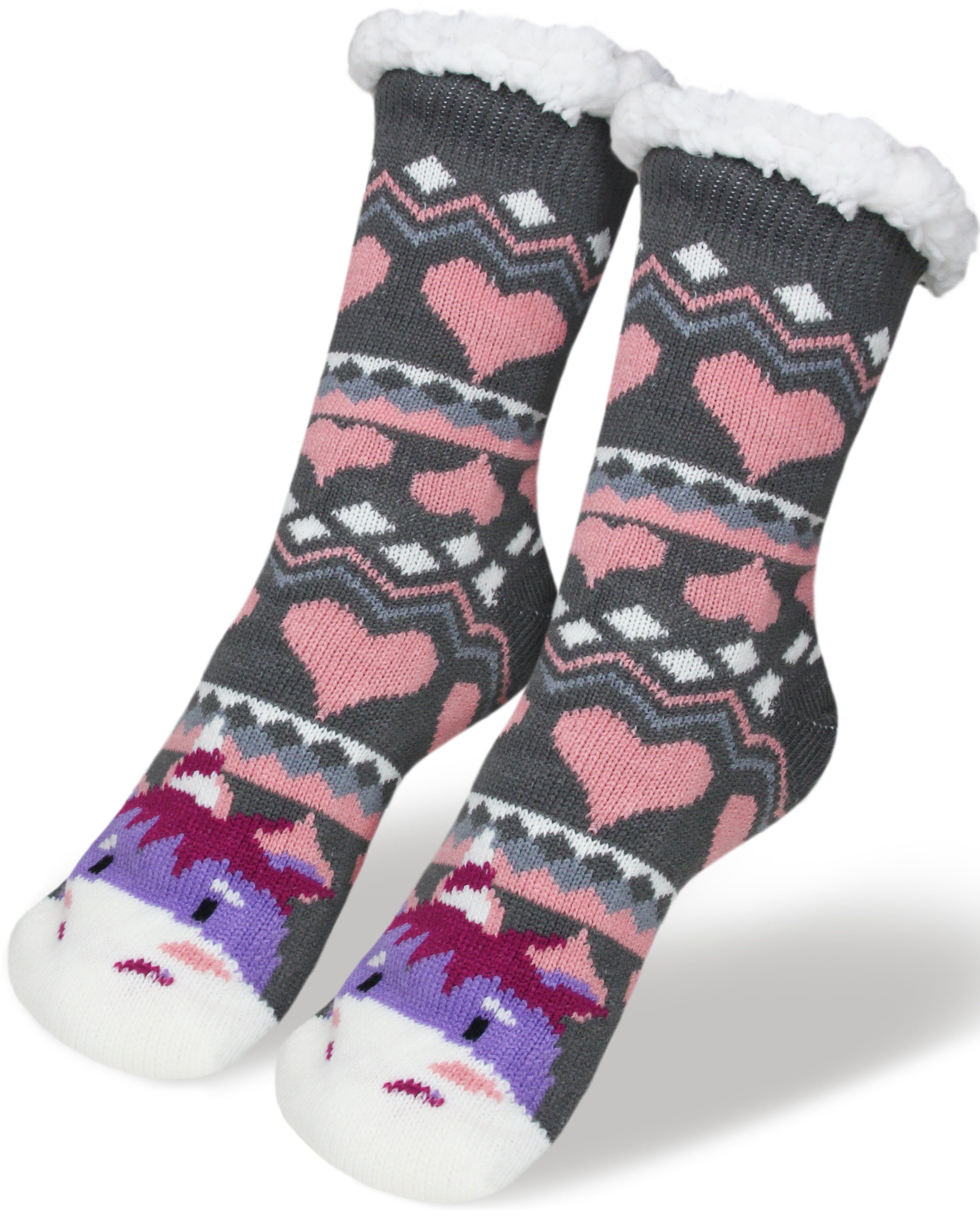 Frentree Norwegersocken HS2 Hüttensocken mit Anti Rutsch Noppen, Bunte Wintersocken für Damen und Herren, weiche und warme Kuschelsocken, dicke Weihnachtssocken mit Teddyfutter und Motiv, gemütliche Socken für Zuhause Einhorn