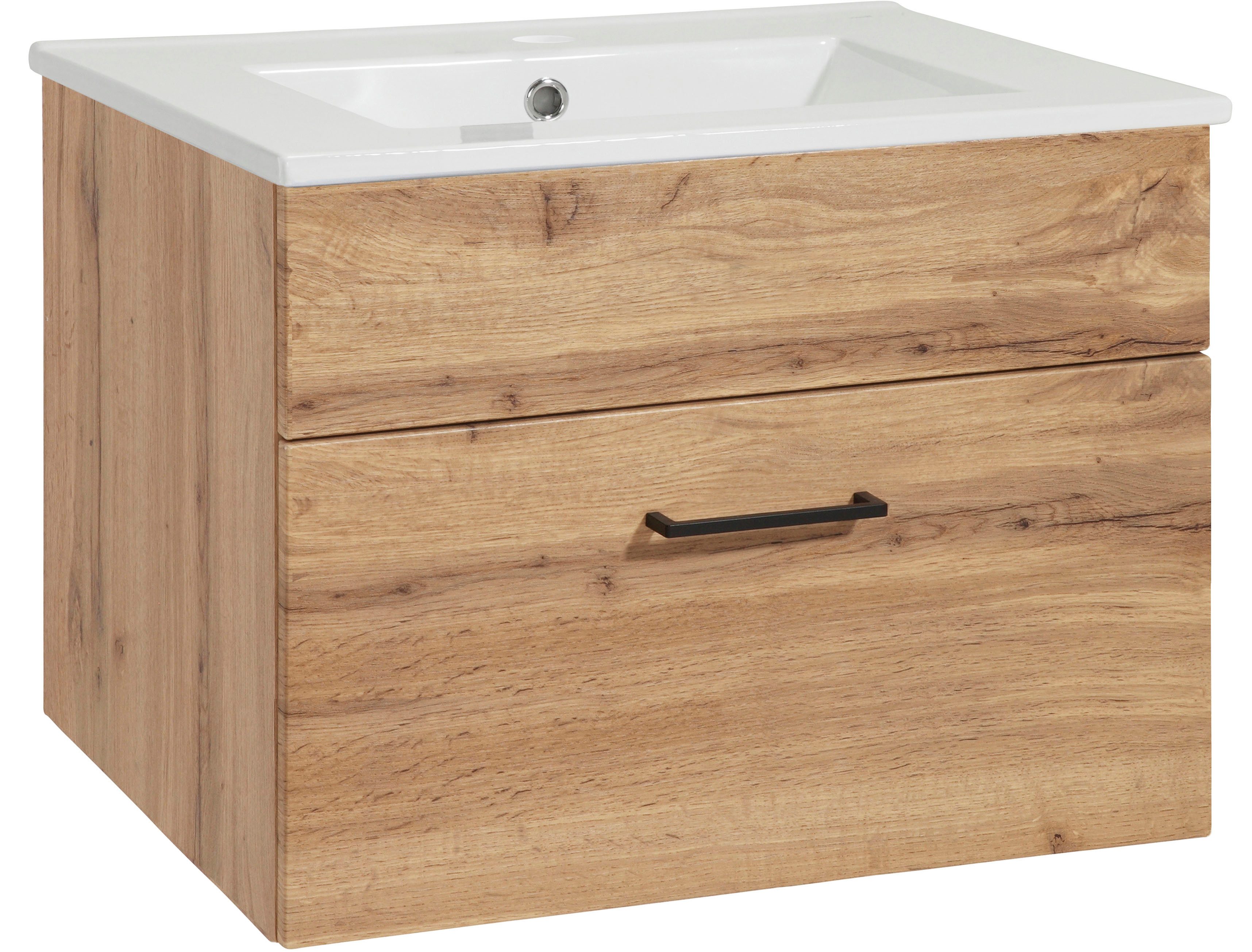 welltime Waschtisch Trento Light mit Keramik-Auflagebecken, 1 feste Blende und 1 Auszug, Breite: 61cm, Wotaneiche