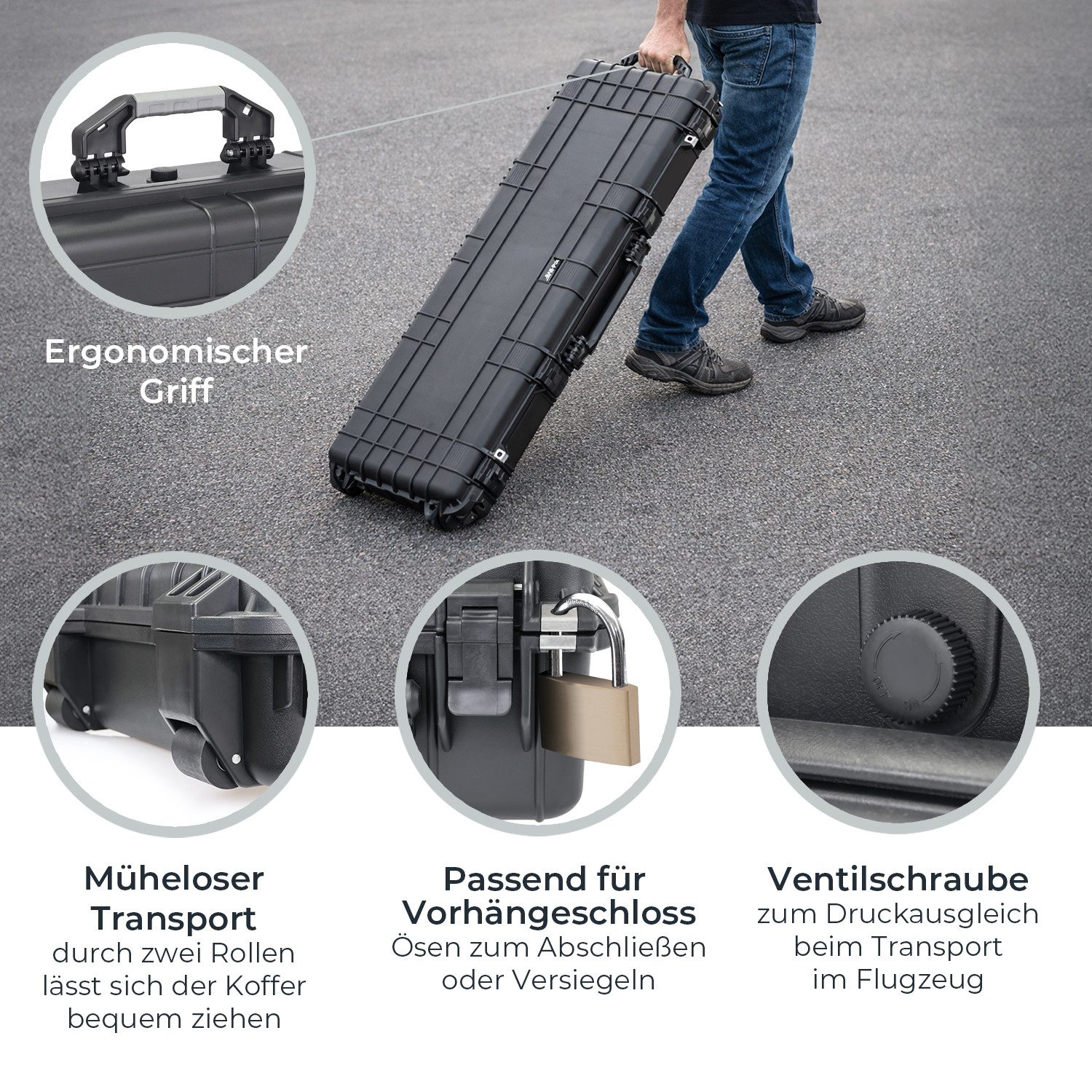 HMF Transportbehälter Outdoor Transportkoffer ODK200, wasserdichter, IP67 Outdoorkoffer mit Rasterschaumstoff, 113 × 41 × 15,5 cm, Schwarz