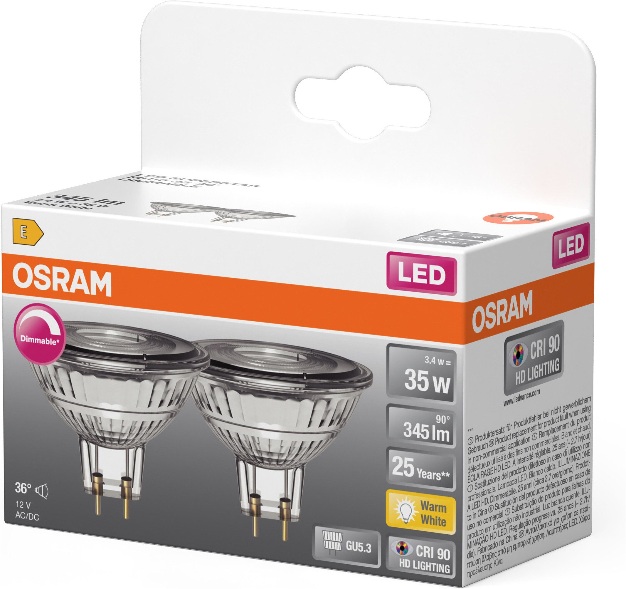 Osram LED-Leuchtmittel LED Spot Lampe Superstar MR16, MR16, 2 St., Warmweiß