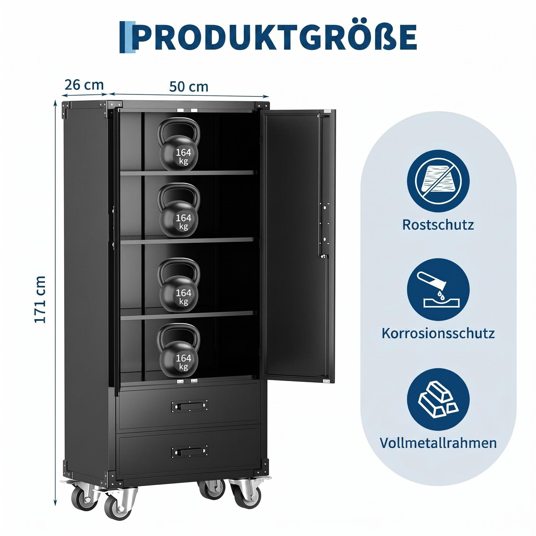 GarveeMore Werkzeugschrank aus kaltgewalztem Stahl mit 2 Türen & 2 Schubladen, 360° drehbar 3 verstellbare Böden, rollbar, 50 × 26 × 170 cm, Schwarz