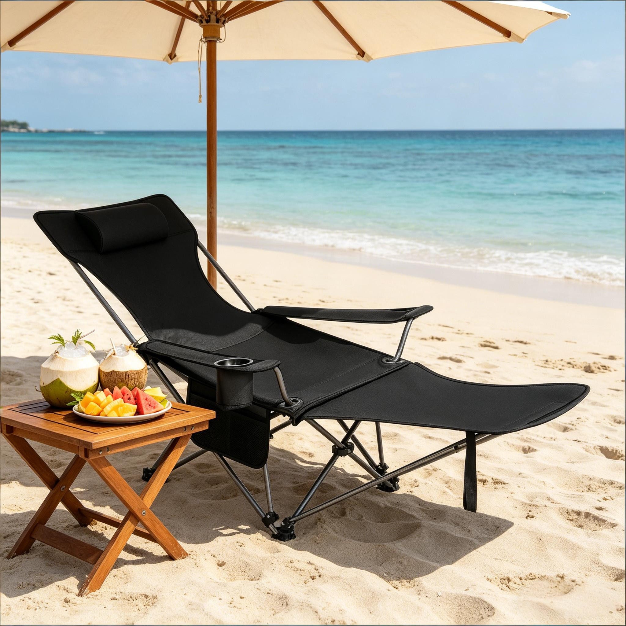 CHICFURN Campingstuhl Angelstuhl mit ausziehbarer Fußlehne und ergonomischem Sitz (Packung, 1 St), Tragbarer Freizeitstuhl für Wandern und Outdoor, Schwarz