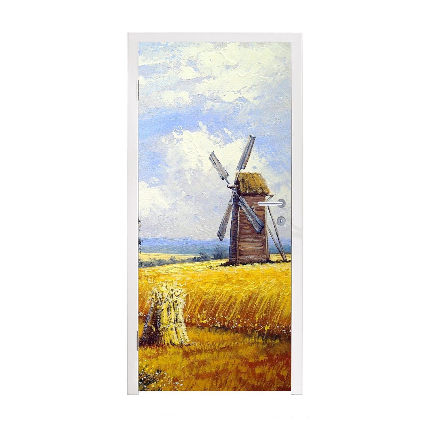 MuchoWow Türtapete Gemälde - Bauernhof - Mühle - Ölfarbe, Matt, bedruckt, (1 St), Selbstklebende Tapete, Folie für Möbel, 75x205 cm