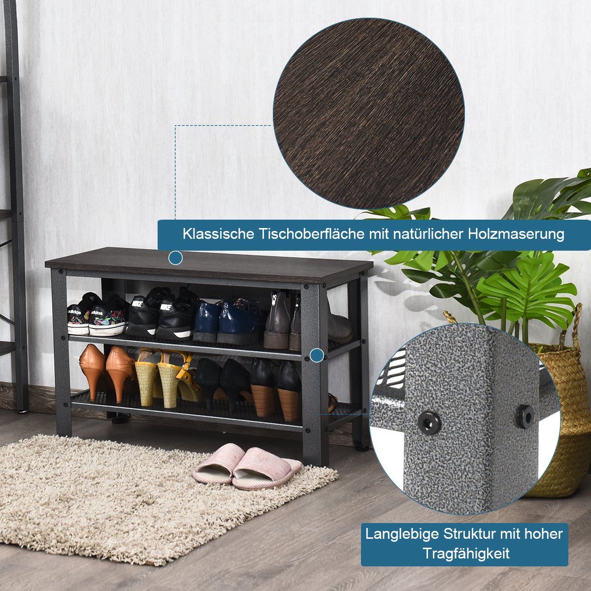COSTWAY Schuhbank, Metallrahmen, Schuhregal mit 2 Gitterablagen, 73x30x45cm günstig online kaufen